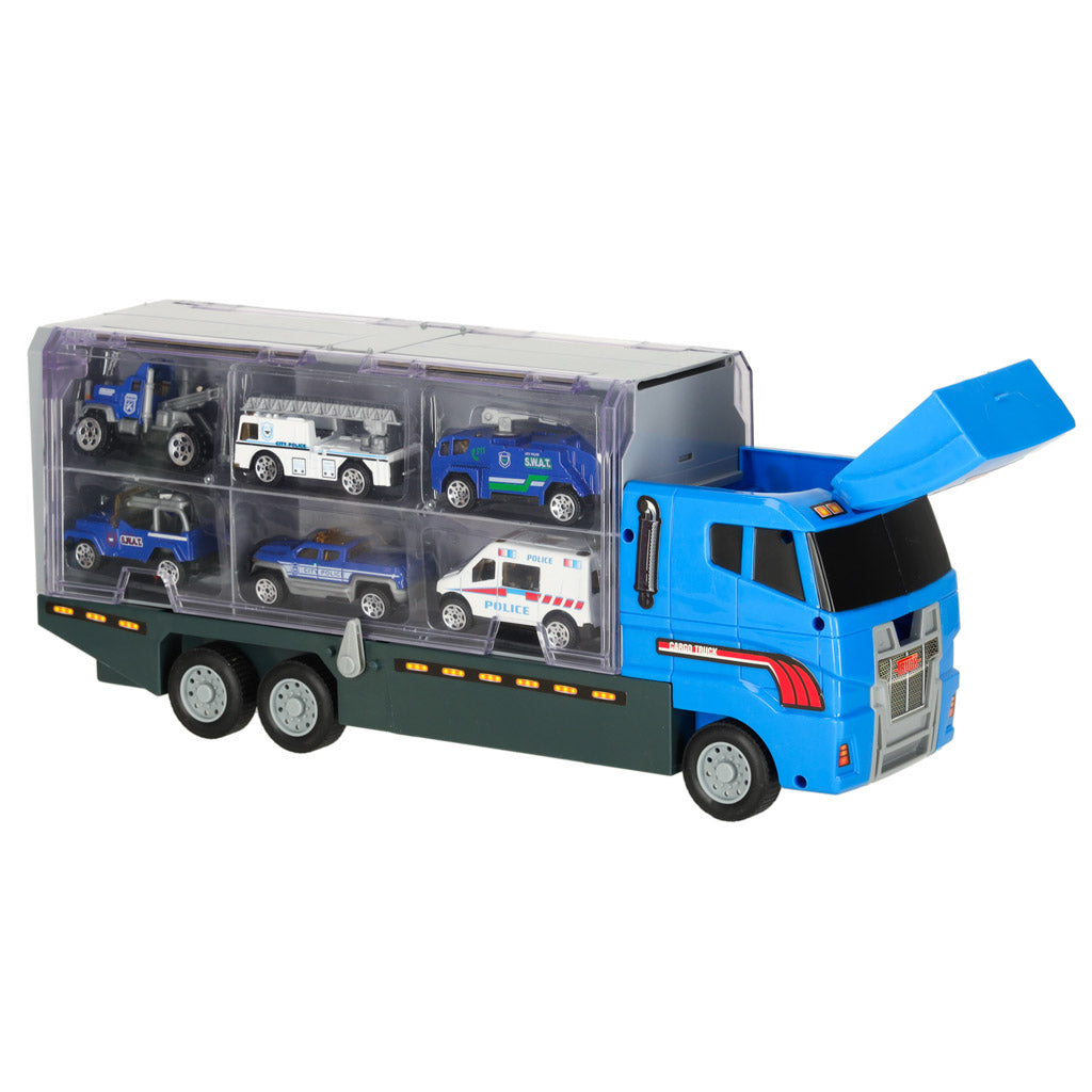 TIR sunkvežimis-transporteris su paleidimo įrenginiu ir metaliniais policijos automobiliais