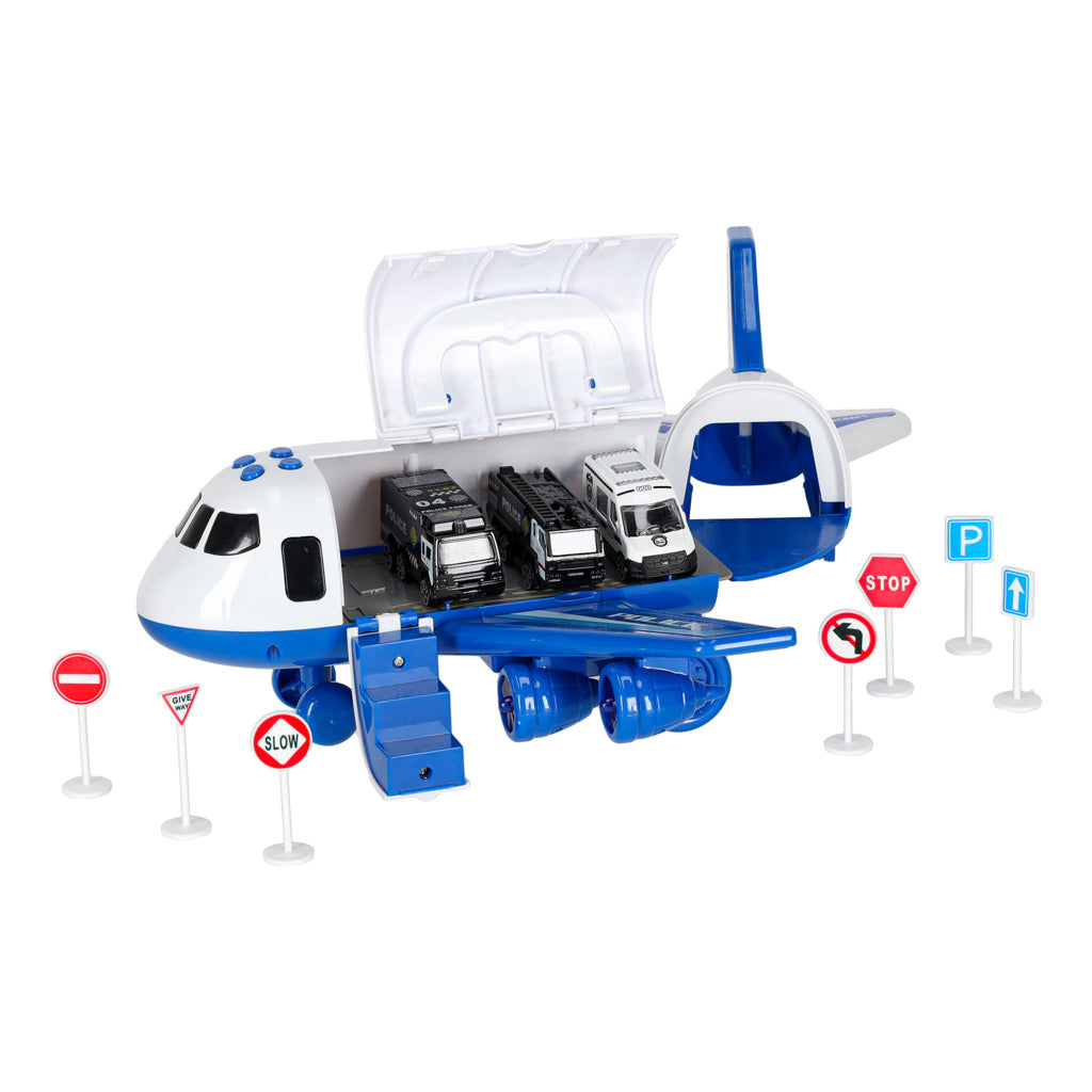 Transporto lėktuvas su 3 policijos automobiliais