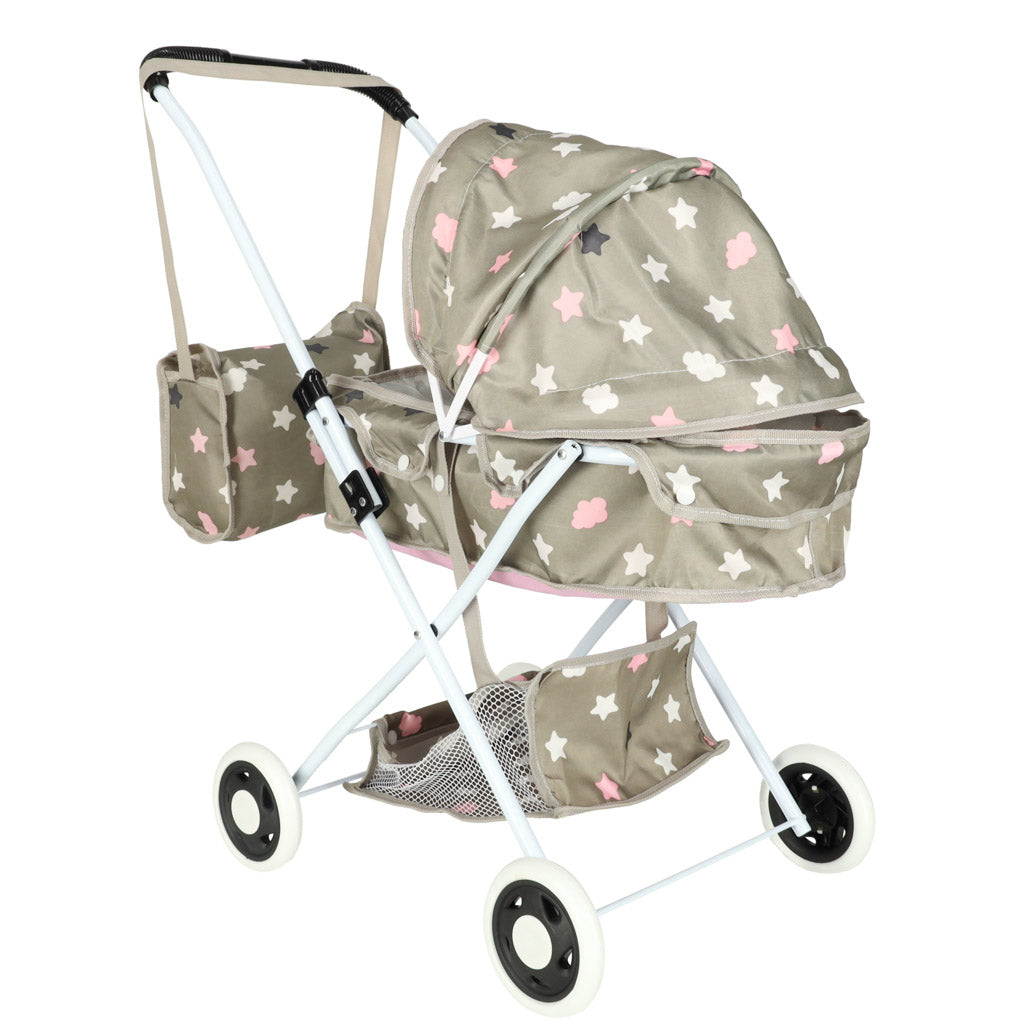 Lėlių vežimėlis su giliu lopšiu ir krepšiu, raštas žvaigždutėmis