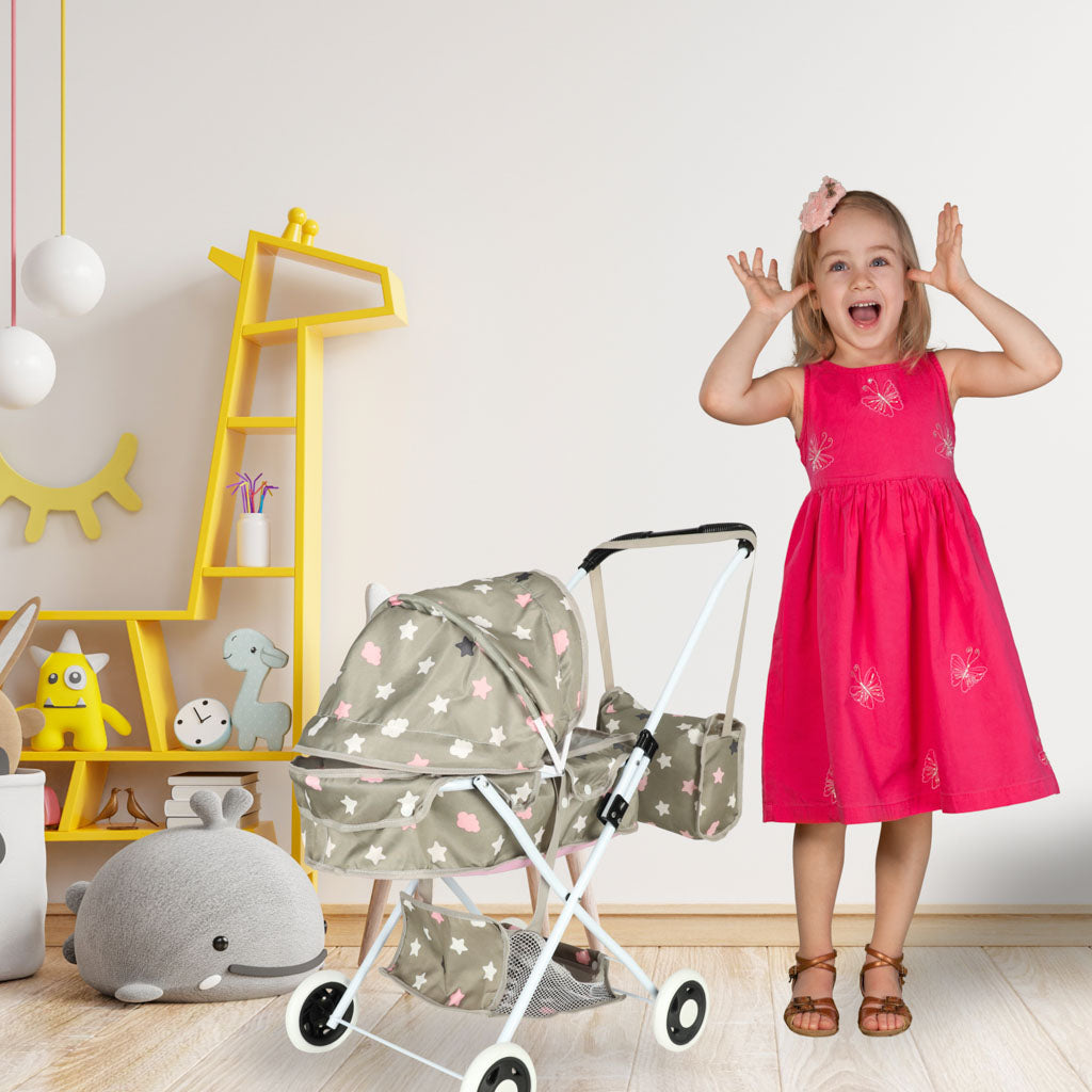 Lėlių vežimėlis su giliu lopšiu ir krepšiu, raštas žvaigždutėmis