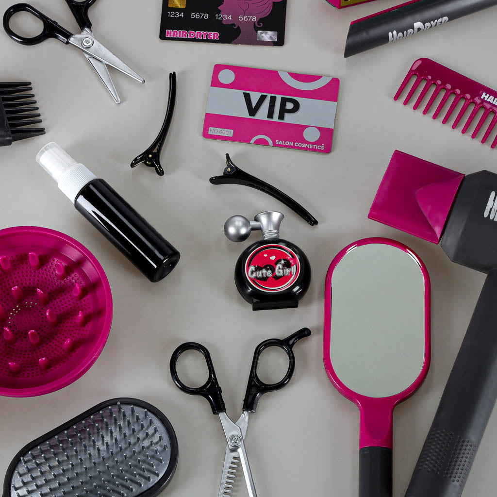 Kirpyklos rinkinys vaikams: džiovintuvas ir plaukų tiesintuvas su šviesos bei garso efektais, 19 elementų