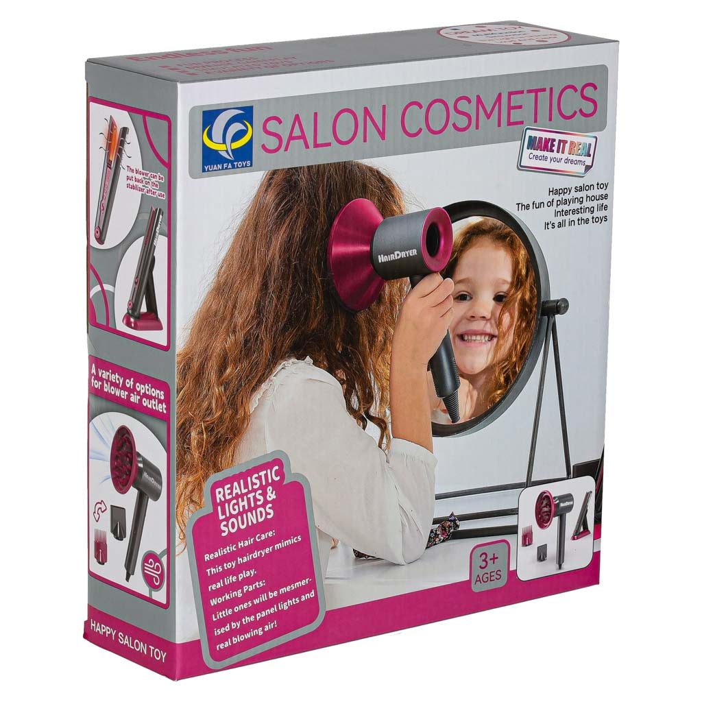 Kirpyklos rinkinys vaikams: džiovintuvas ir plaukų tiesintuvas su šviesos bei garso efektais, 19 elementų