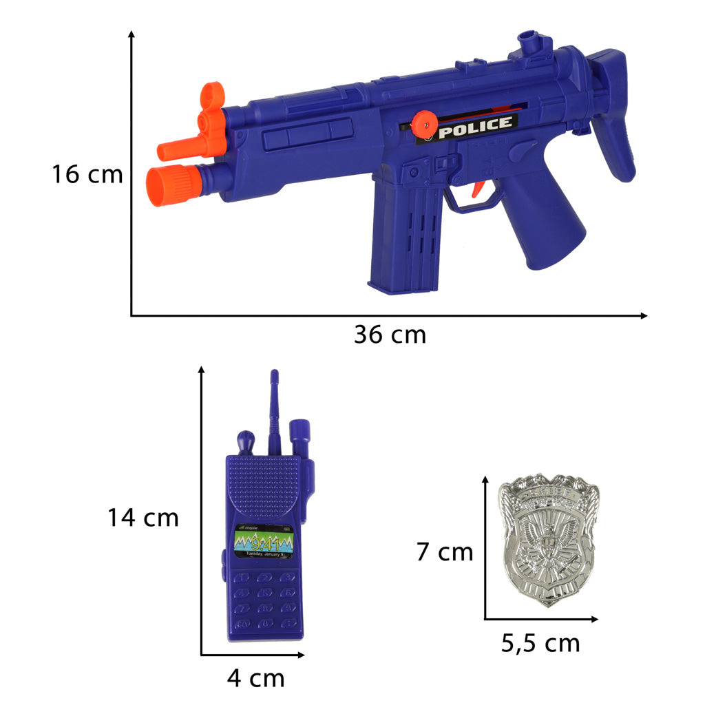 Mažojo policininko rinkinys: pistoletas, karabinas, kaukė, antrankiai ir policijos priedai