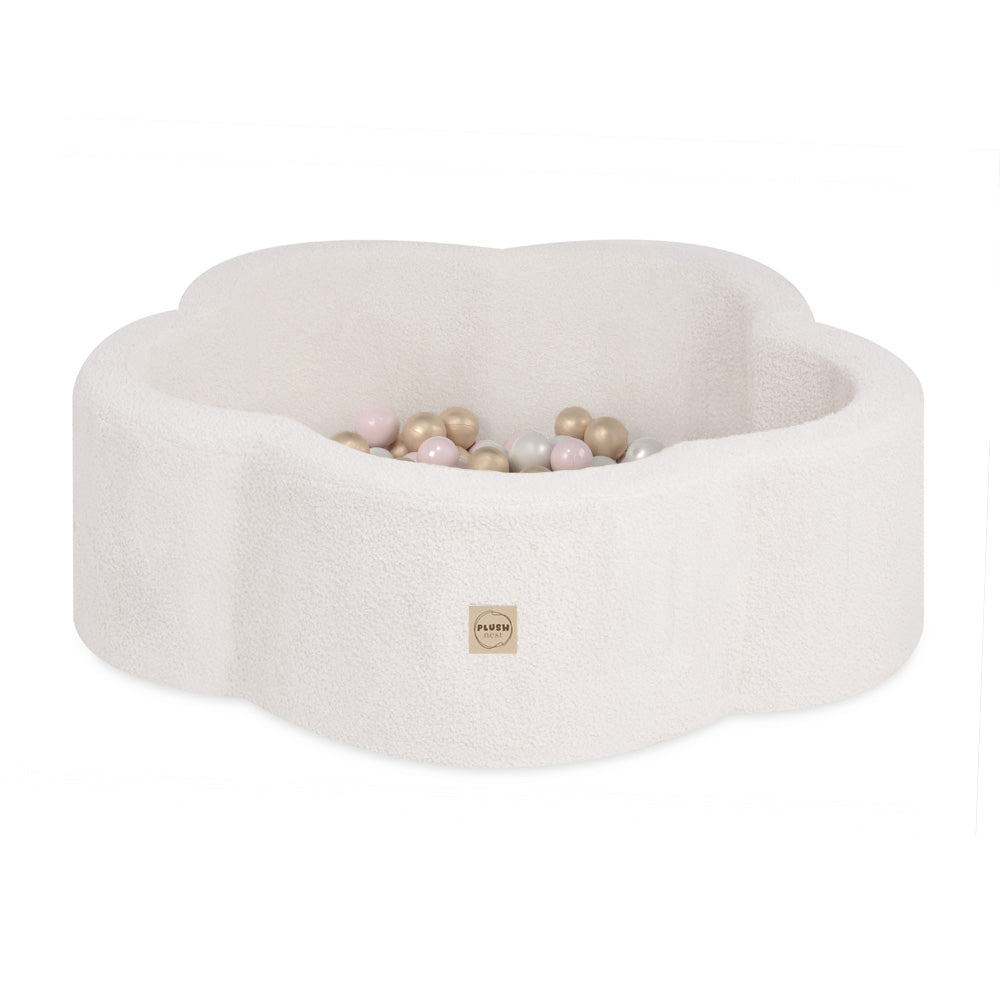 PLUSH NEST Prabangus sausas kamuoliukų baseinas (95x30 cm), kreminis avikailis – pagrindinis vaizdas