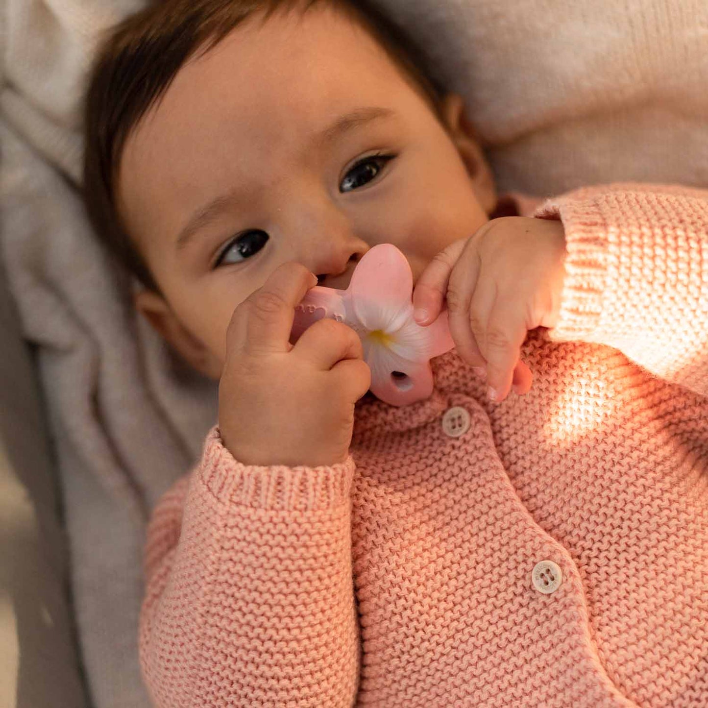 Oli&Carol natūralus dovanų rinkinys naujagimiui: 3 kramtukai – Drugelis ir dvi gėlės – vaizdas 4