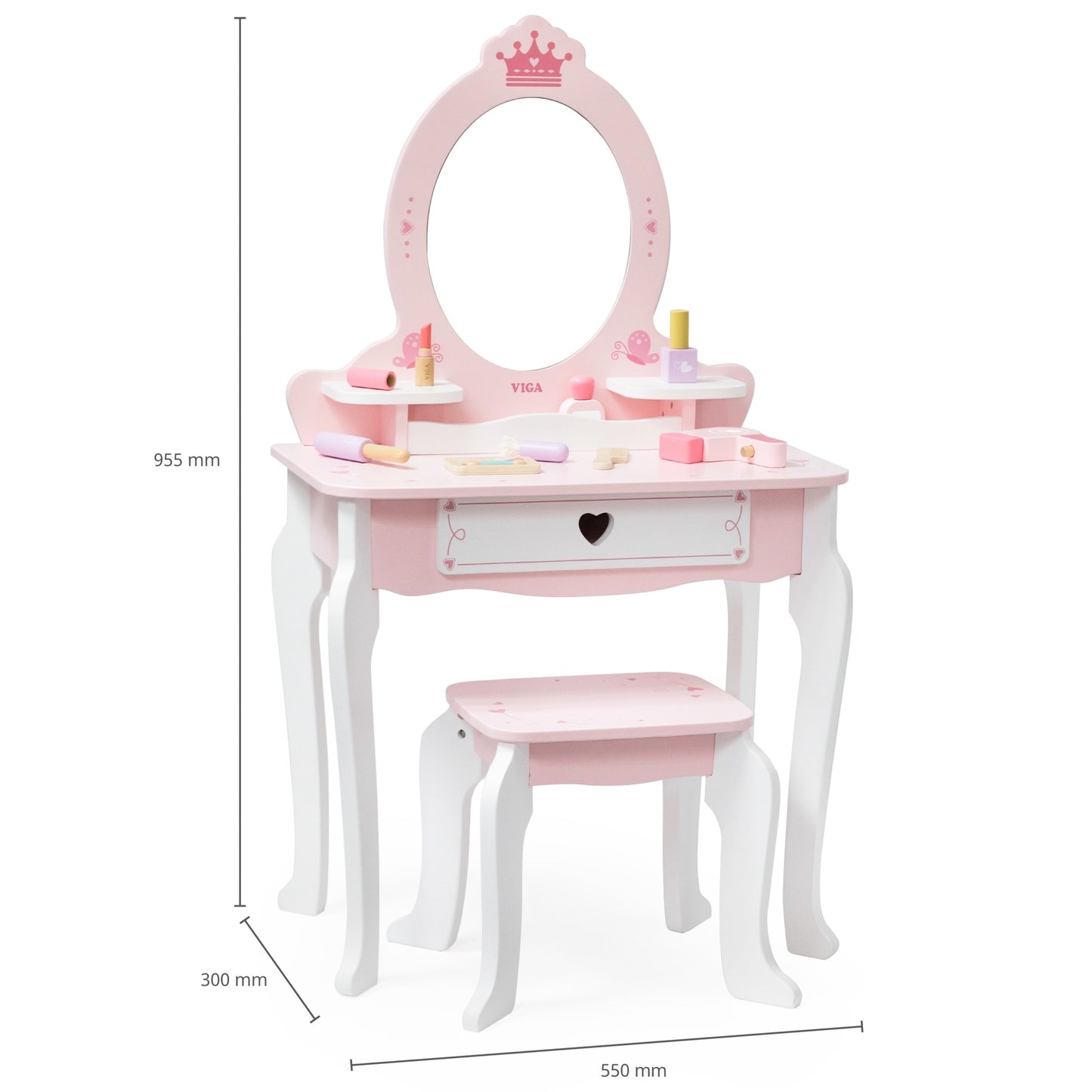 VIGA Didelis medinis kosmetinis staliukas su veidrodžiu ir kėdute, baltas/rožinis