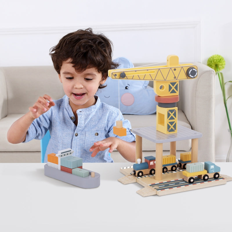 TOOKY TOY Medinis 4in1 rinkinys: XL uosto kranas, laivas, sunkvežimis ir traukinukas su magnetais – vaizdas 2