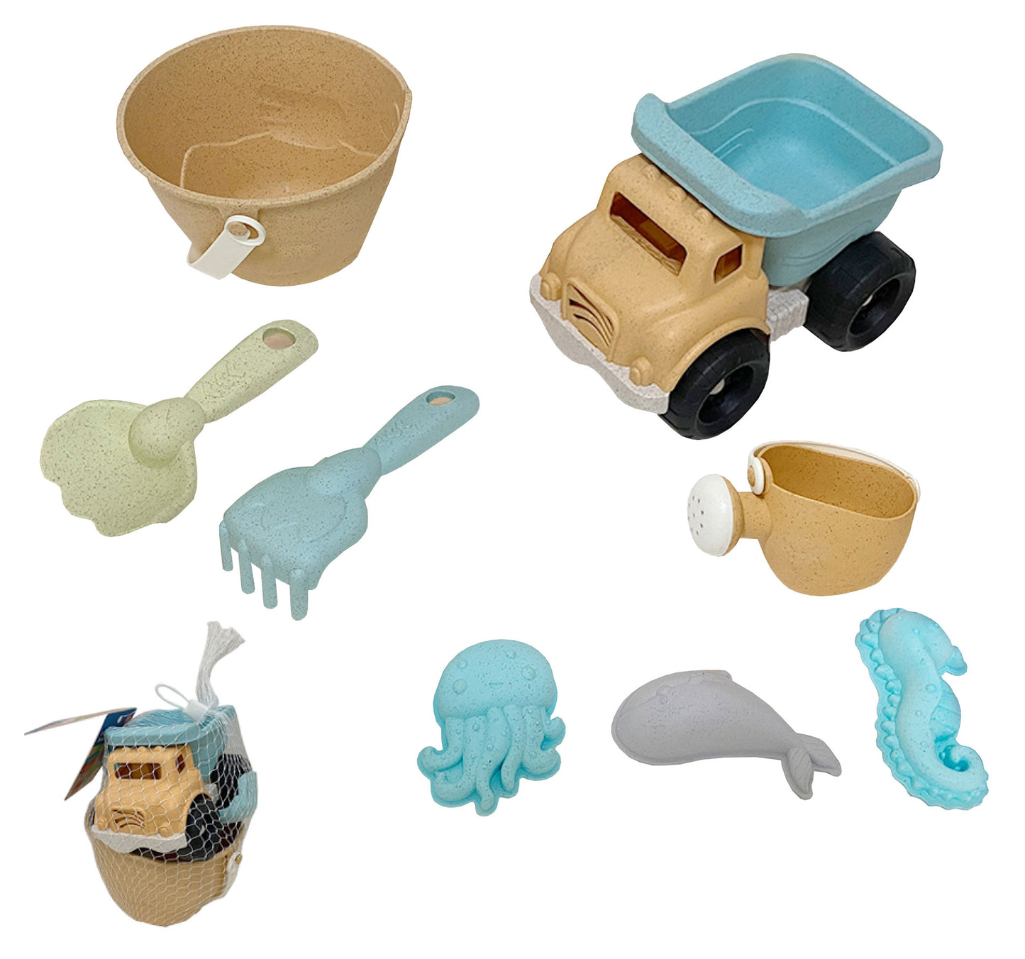 Woopie Green ekologiškas smėlio žaislų rinkinys su kibirėliu ir savivarčiu – 8 dalys – vaizdas 4
