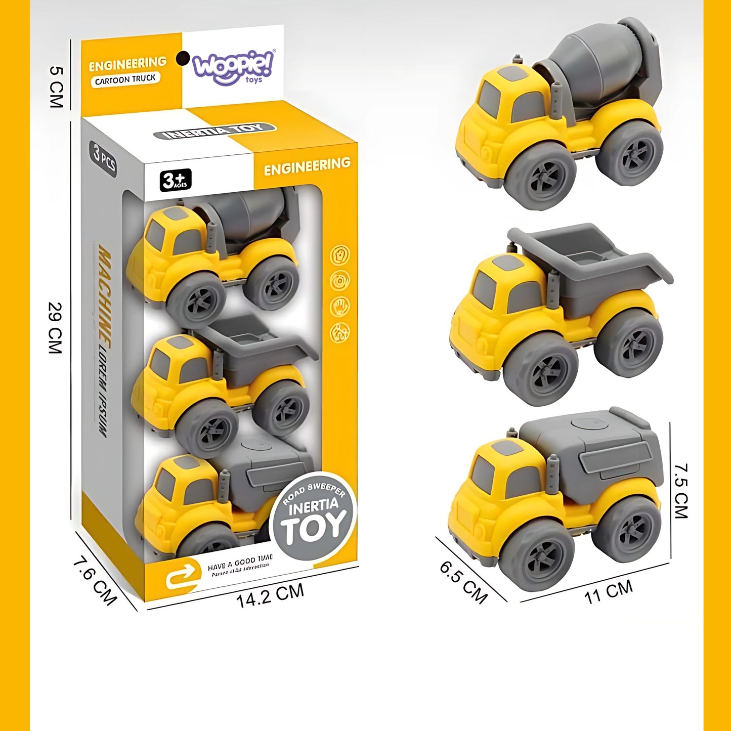 WOOPIE Rinkinys 3in1: Statybinės mašinėlės – šiukšliavežė, betono maišyklė ir savivartis – vaizdas 6