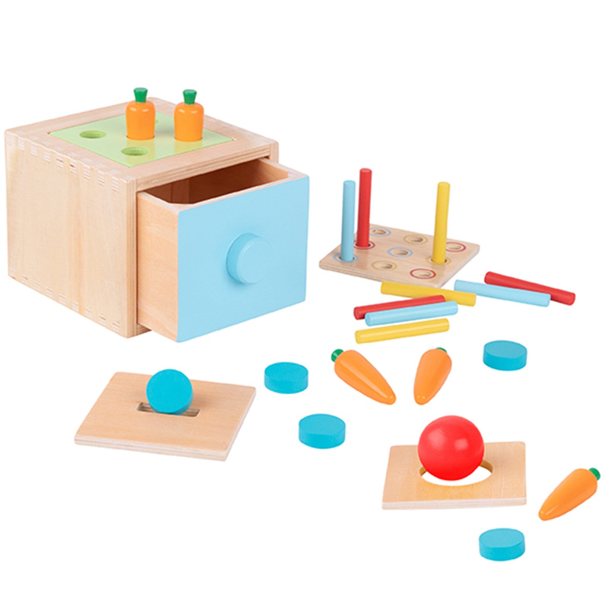 WOOPIE Medinė lavinamoji dėžutė 4in1 Montessori rūšiuoklis su morkytėmis