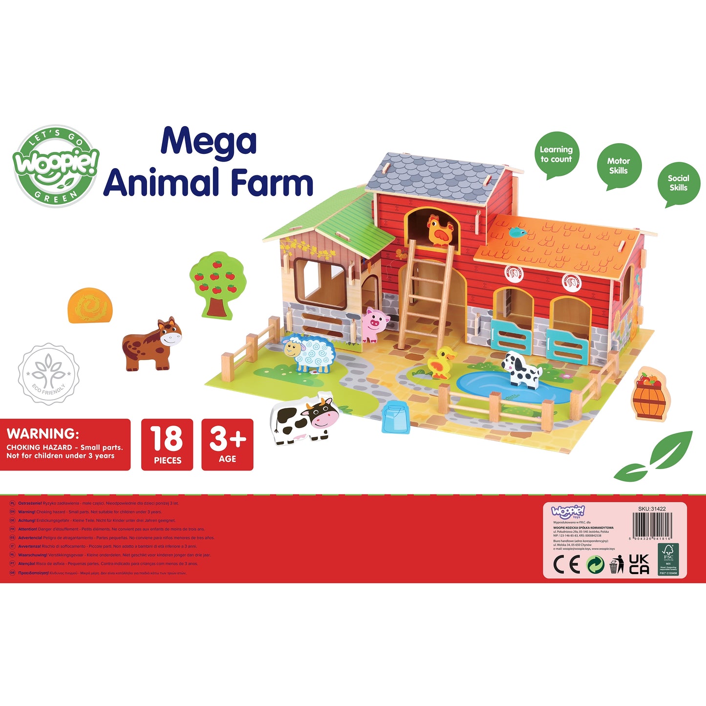 WOOPIE GREEN „Mega Ferma“ 18 dalių medinis rinkinys: tvartas, arklidė, vištidė ir gyvūnų figūrėlės – vaizdas 9