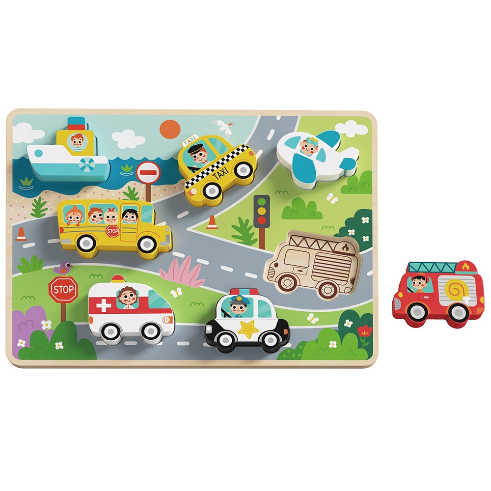 TOOKY TOY Medinė Montesori dėlionė „Transporto priemonės“ (Automobiliai, Lėktuvas, Laivas) – Formų derinimas – pagrindinis vaizdas