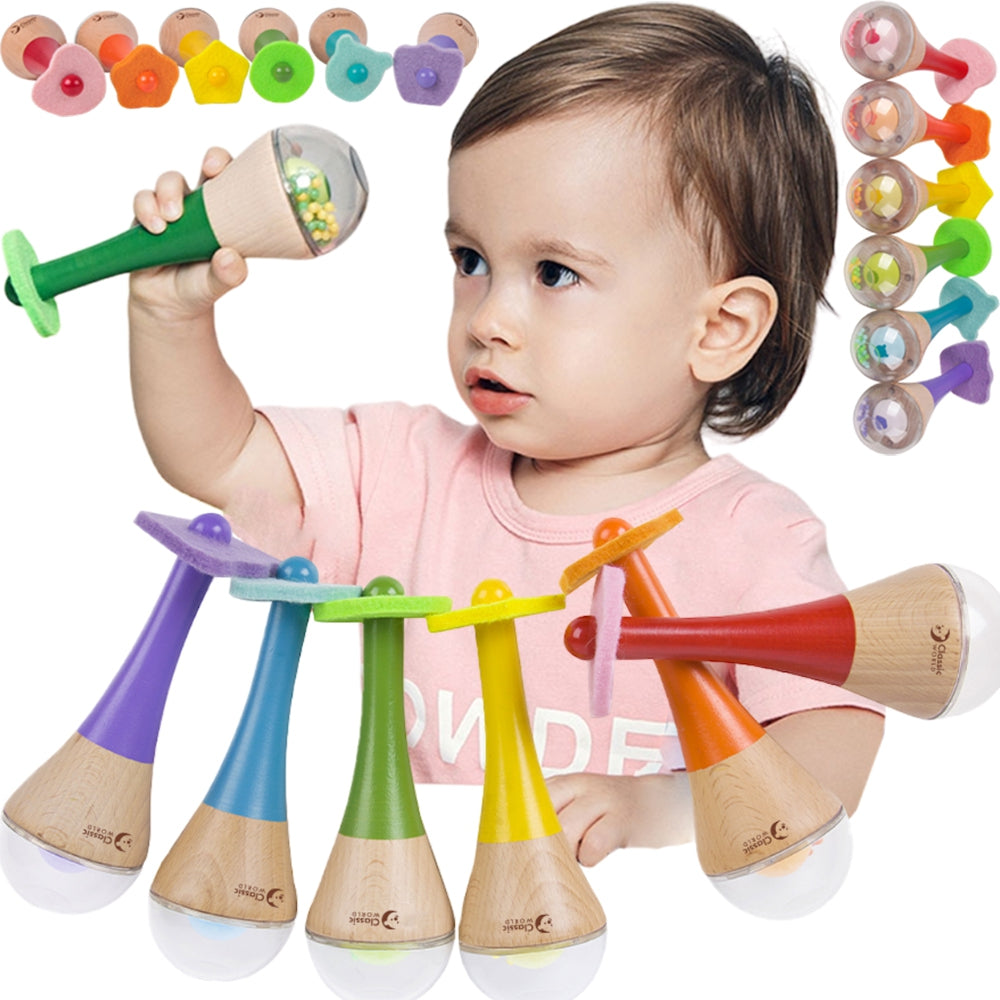 CLASSIC WORLD 2in1 medinis marakasas-barškutis, vaivorykštinis – vaizdas 2