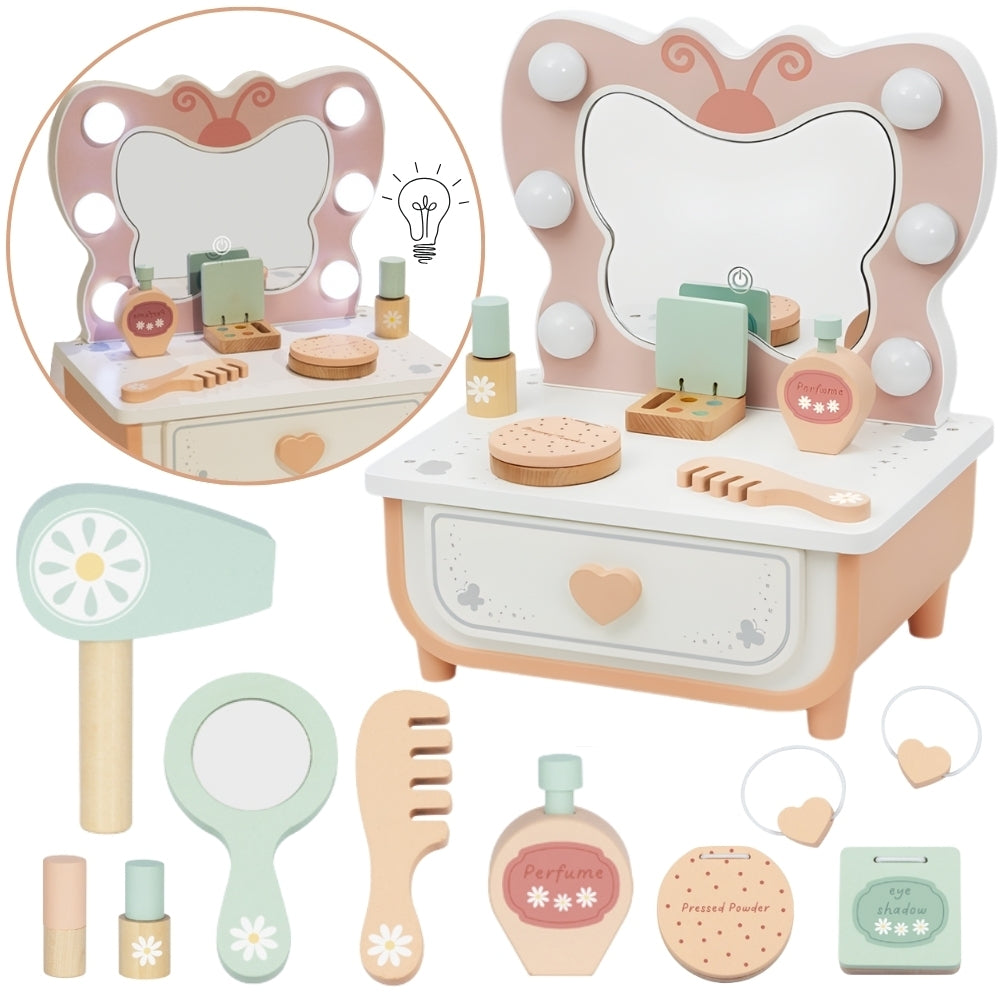 TOOKY TOY Medinis tualetinis staliukas Drugelis su LED veidrodžiu ir priedais – pagrindinis vaizdas