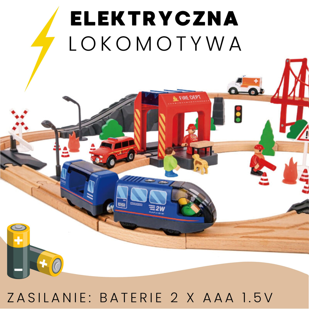 Tooky Toy Elektrinis medinis traukinys su ugniagesių tema, 70 dalių