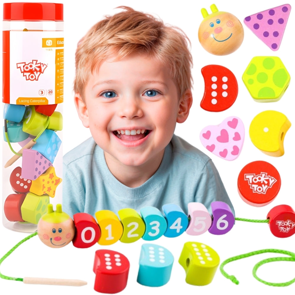 TOOKY TOY Medinės vėrimo kaladėlės Vikšras, 20 dalių, Skaičiavimo mokymasis – pagrindinis vaizdas
