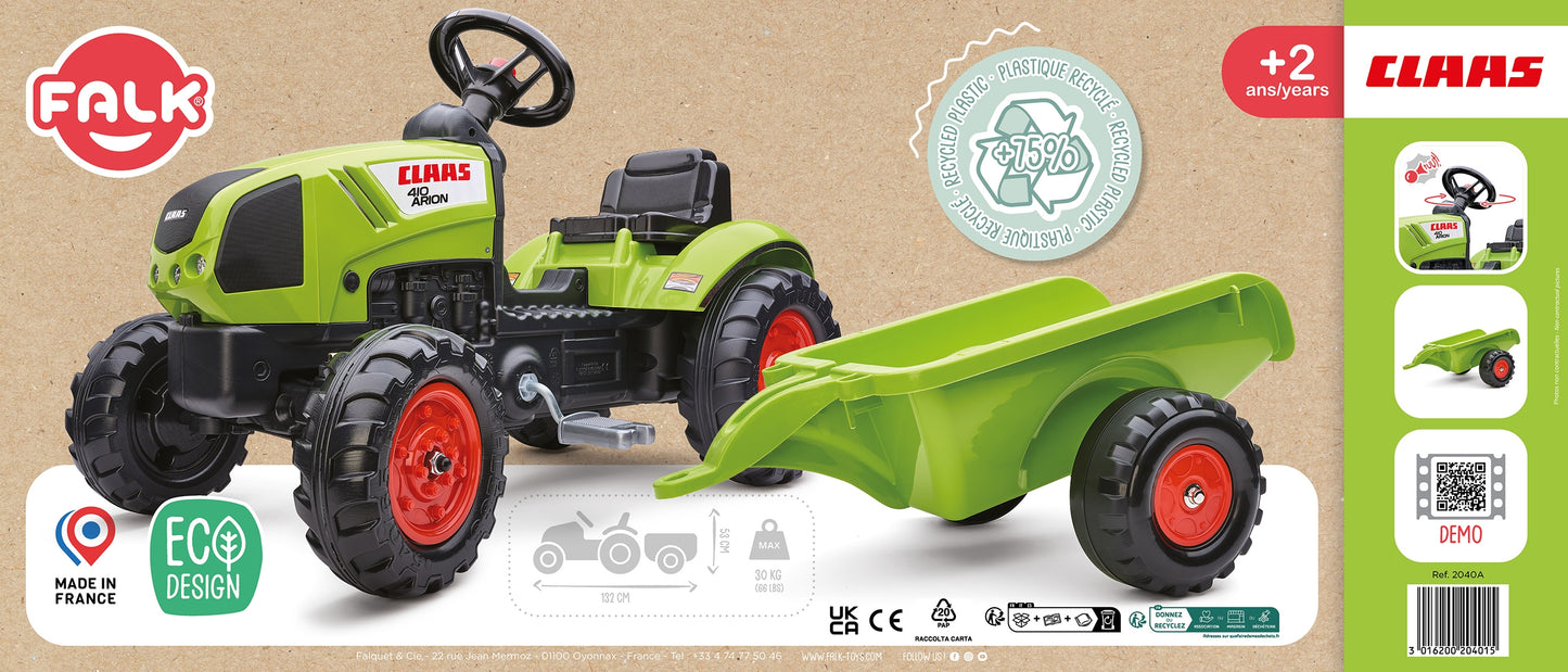 FALK Claas žalias traktorius su pedalais, priekaba ir garsiniu signalu, nuo 2 metų.