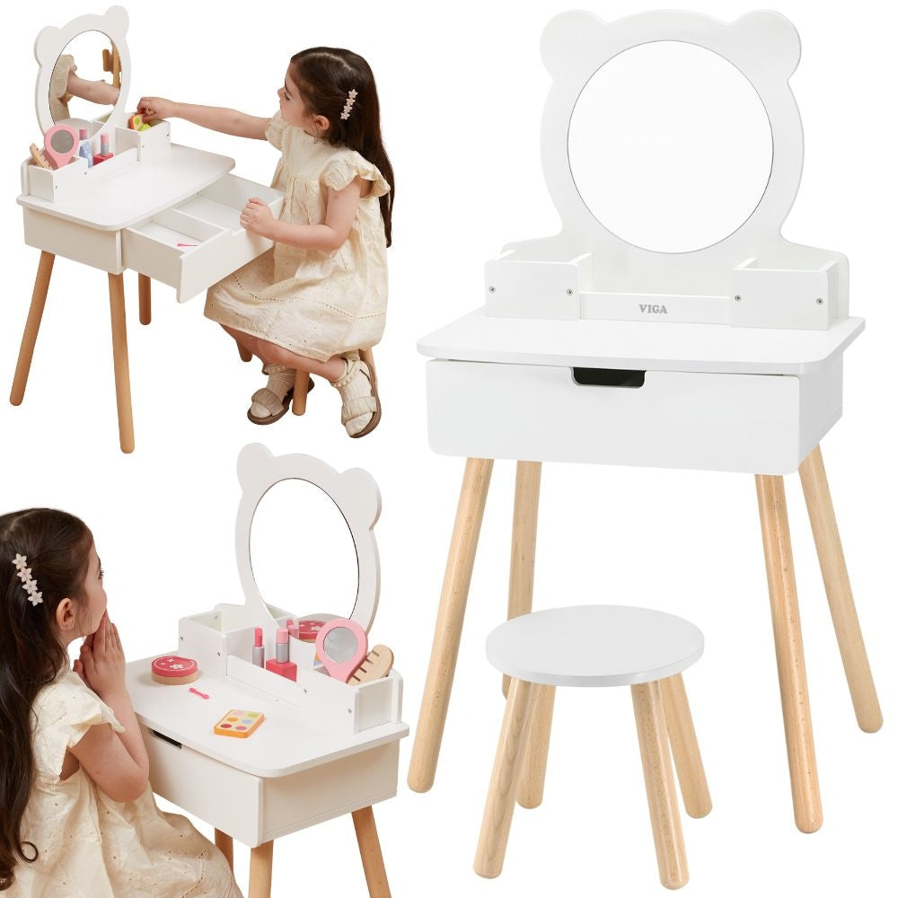 VIGA Didelis medinis baltas kosmetinis staliukas su veidrodžiu ir kėdute – pagrindinis vaizdas