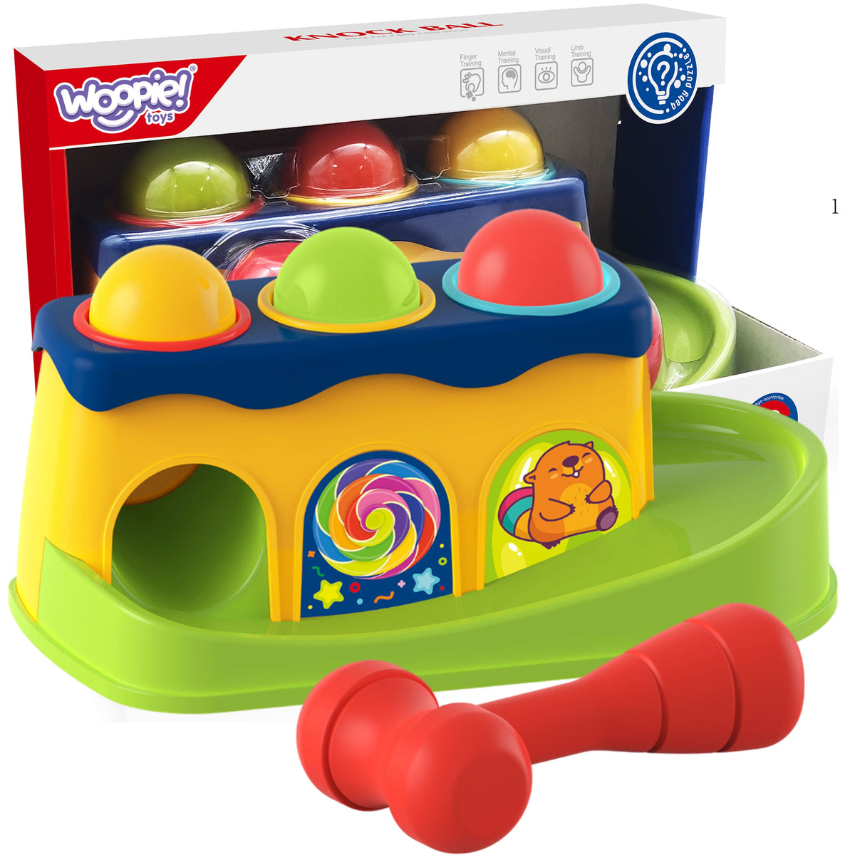 WOOPIE BABY spalvingas Montessori kalimo takelis su plaktuku
