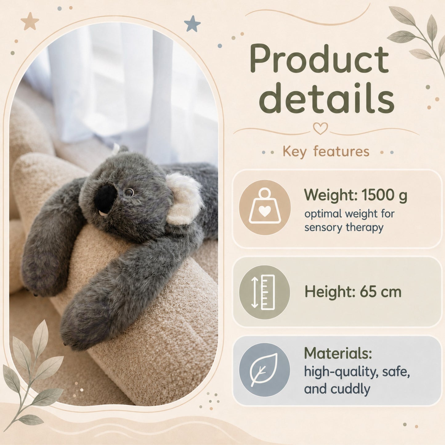 WOOPIE Koala Sensorinis Pliušinis Žaislas su Užpildu 65 cm 1500 g