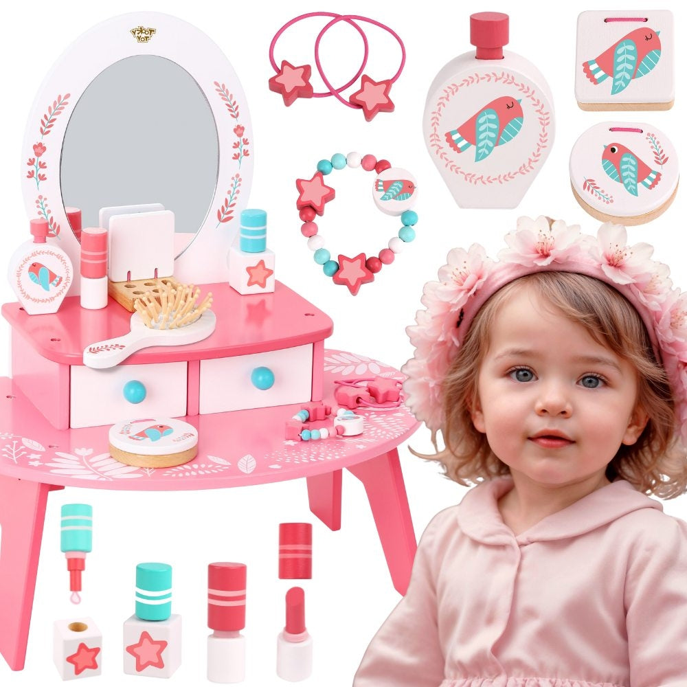 TOOKY TOY Rožinis medinis kosmetinis staliukas makiažui su veidrodžiu – pagrindinis vaizdas