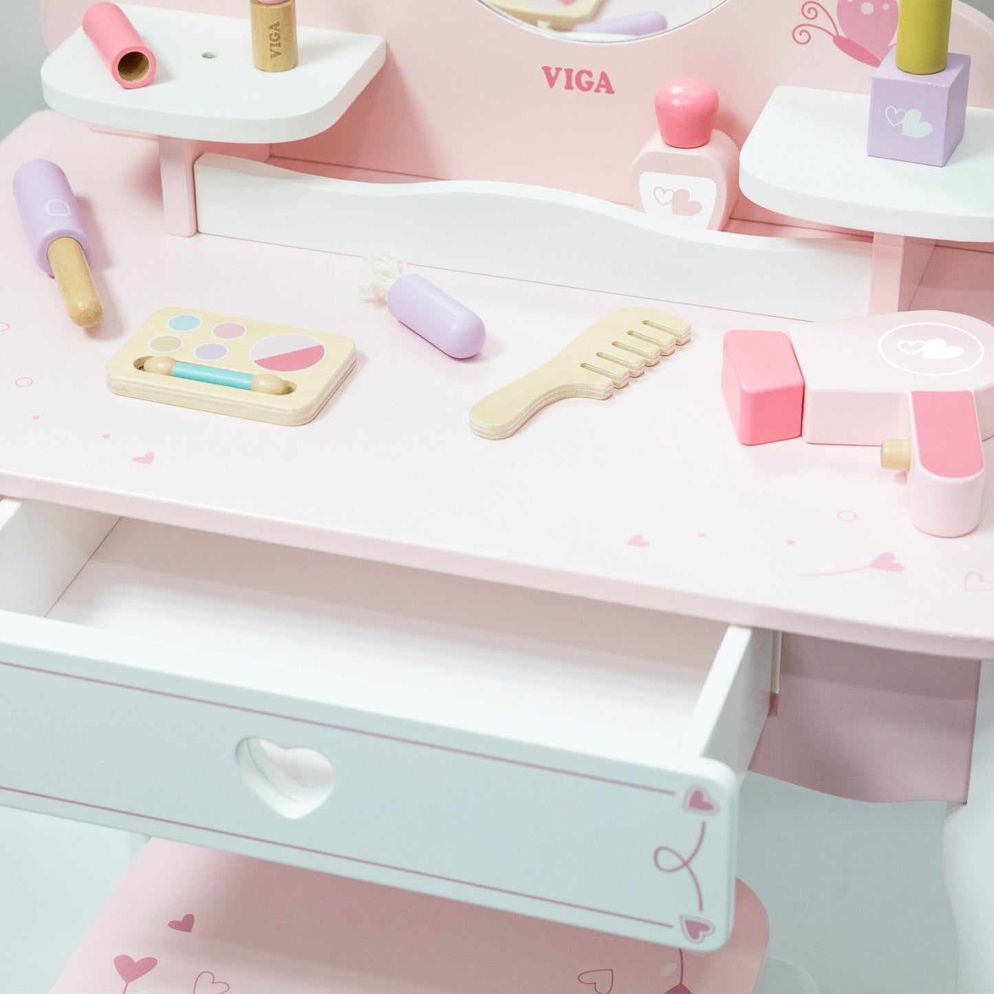 VIGA Didelis medinis kosmetinis staliukas su veidrodžiu ir kėdute, baltas/rožinis