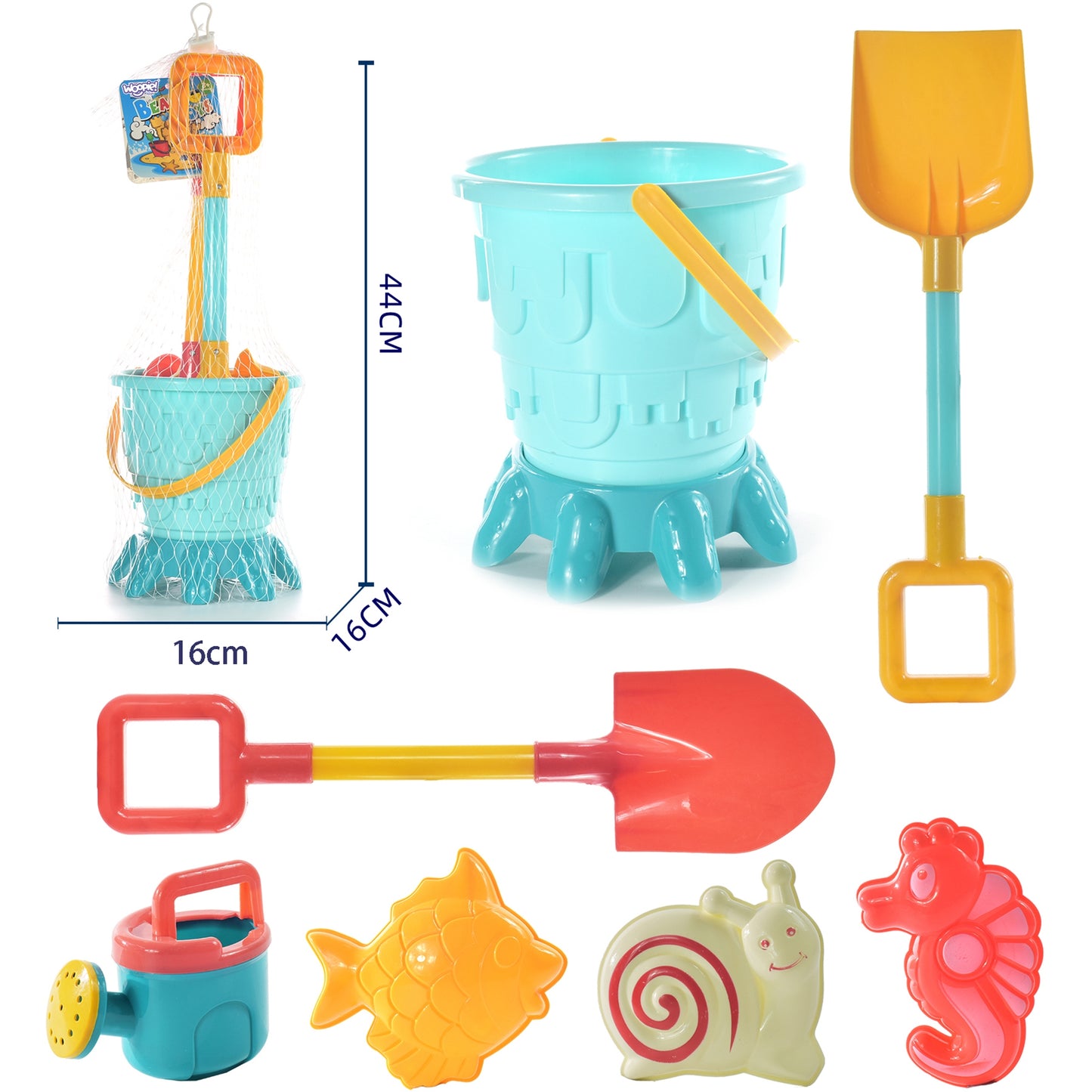 Woopie smėlio žaislų rinkinys – kibirėlis, formelės, kastuvėliai ir laistytuvas (7 dalys) – vaizdas 2