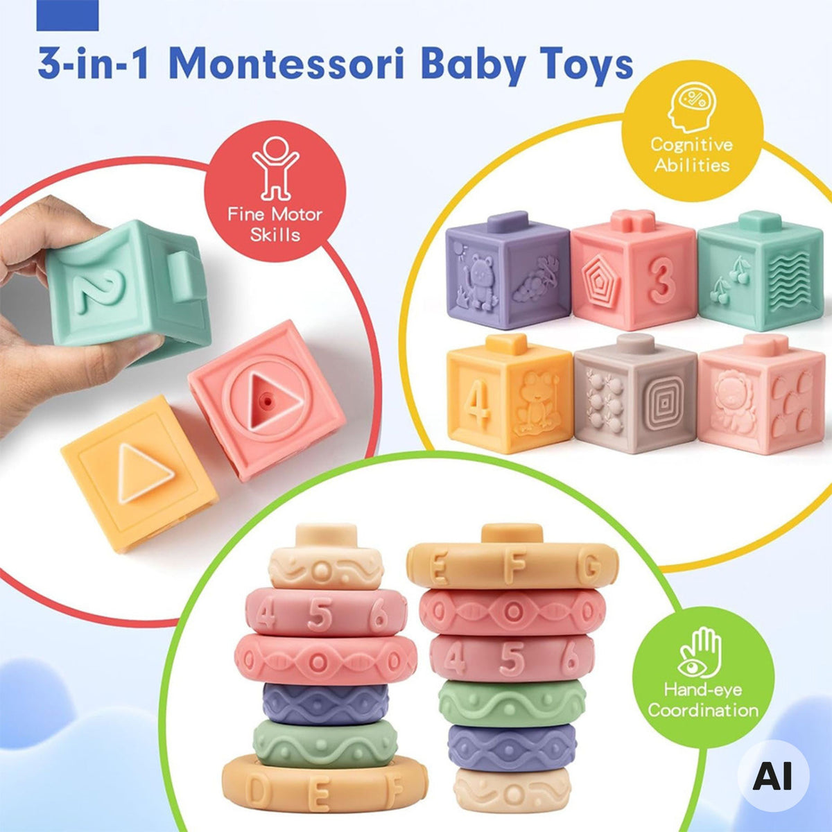 WOOPIE BABY Minkšti Jutiminio Lavinimu Kaladėlės ir Kramtukai 23 vnt.