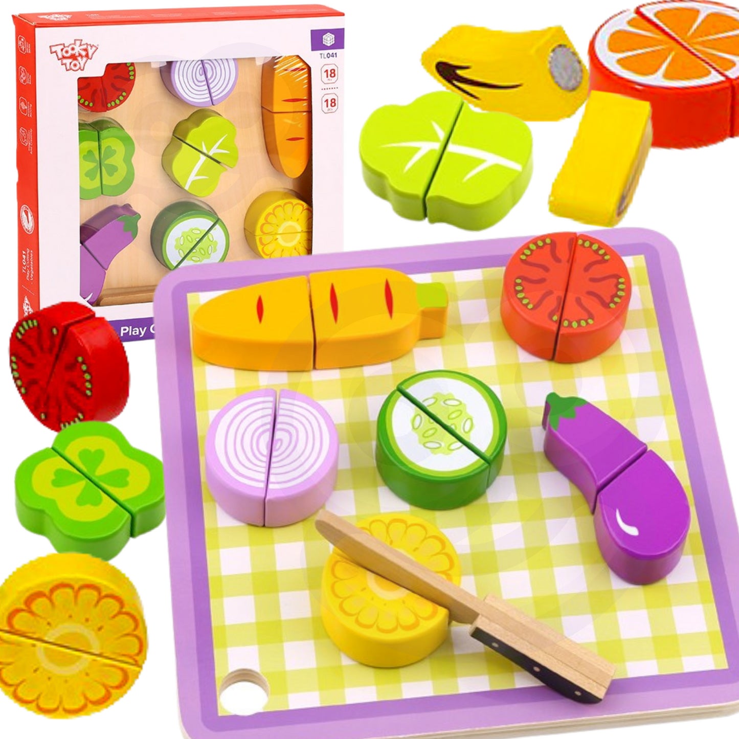 Tooky Toy Medinių Daržovių Rinkinys su Pjaustymo Lenta – 20 dalių – pagrindinis vaizdas