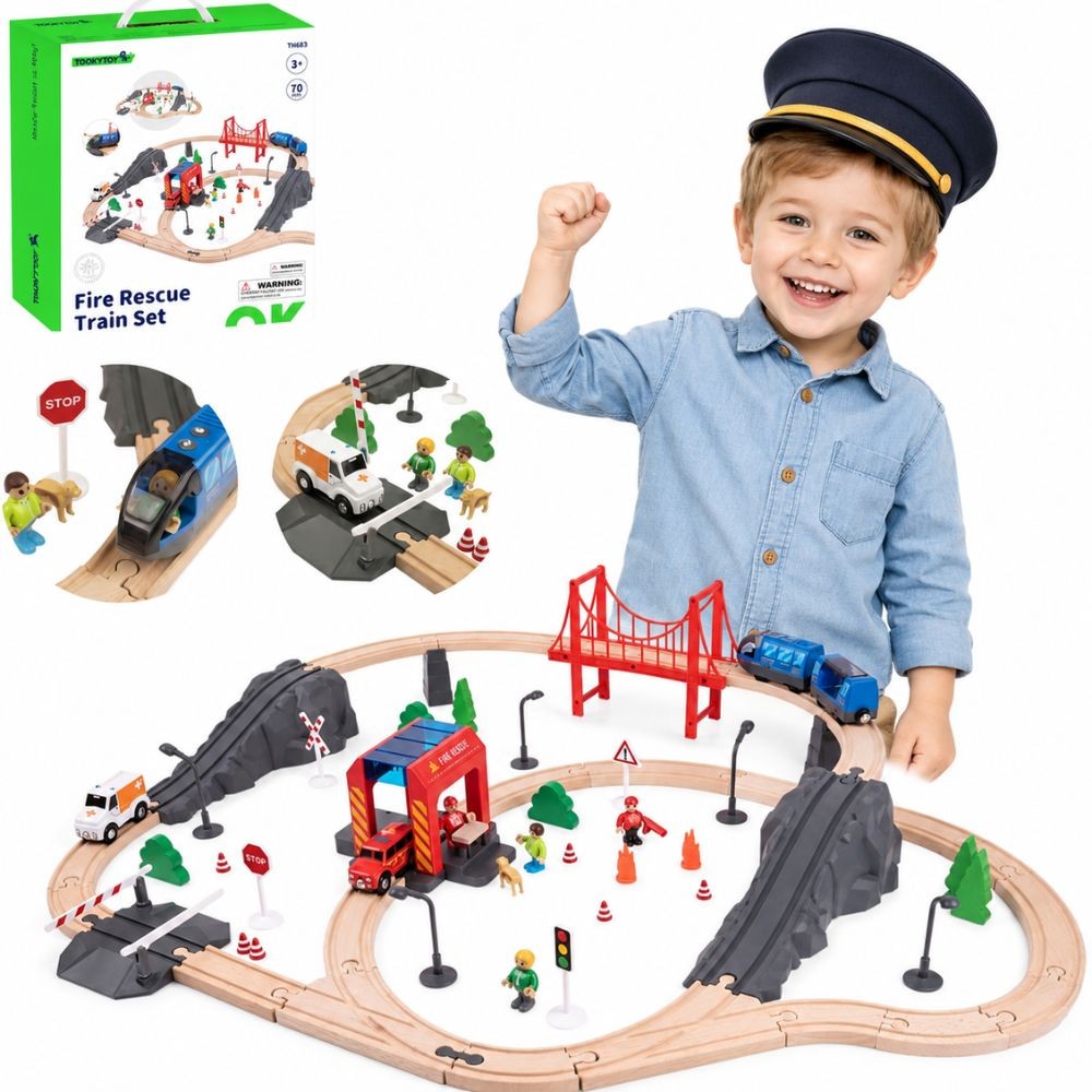 Tooky Toy Elektrinis medinis traukinys su ugniagesių tema, 70 dalių