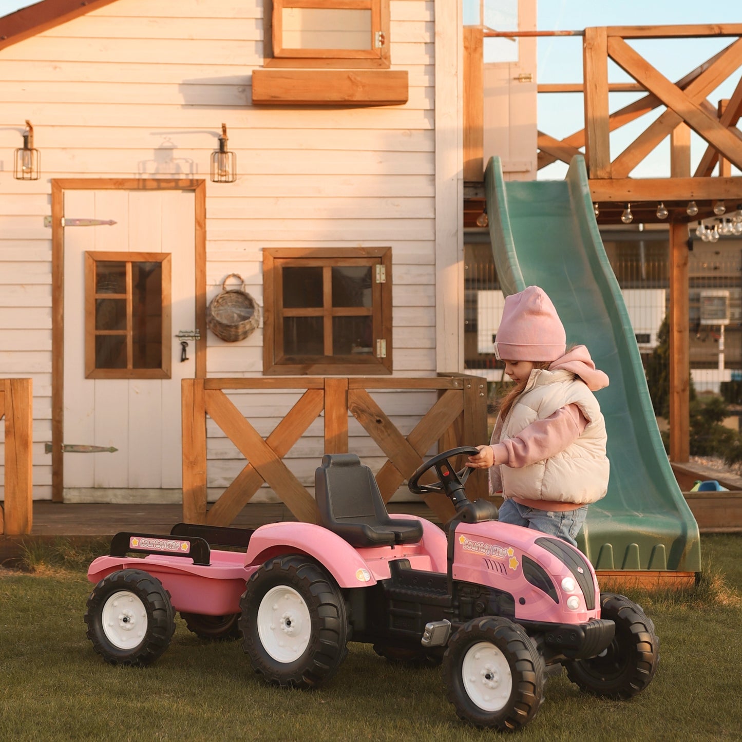 FALK Traktorius Country Star, rožinis, su pedalais, priekaba ir signalu, vaikams nuo 2 metų.