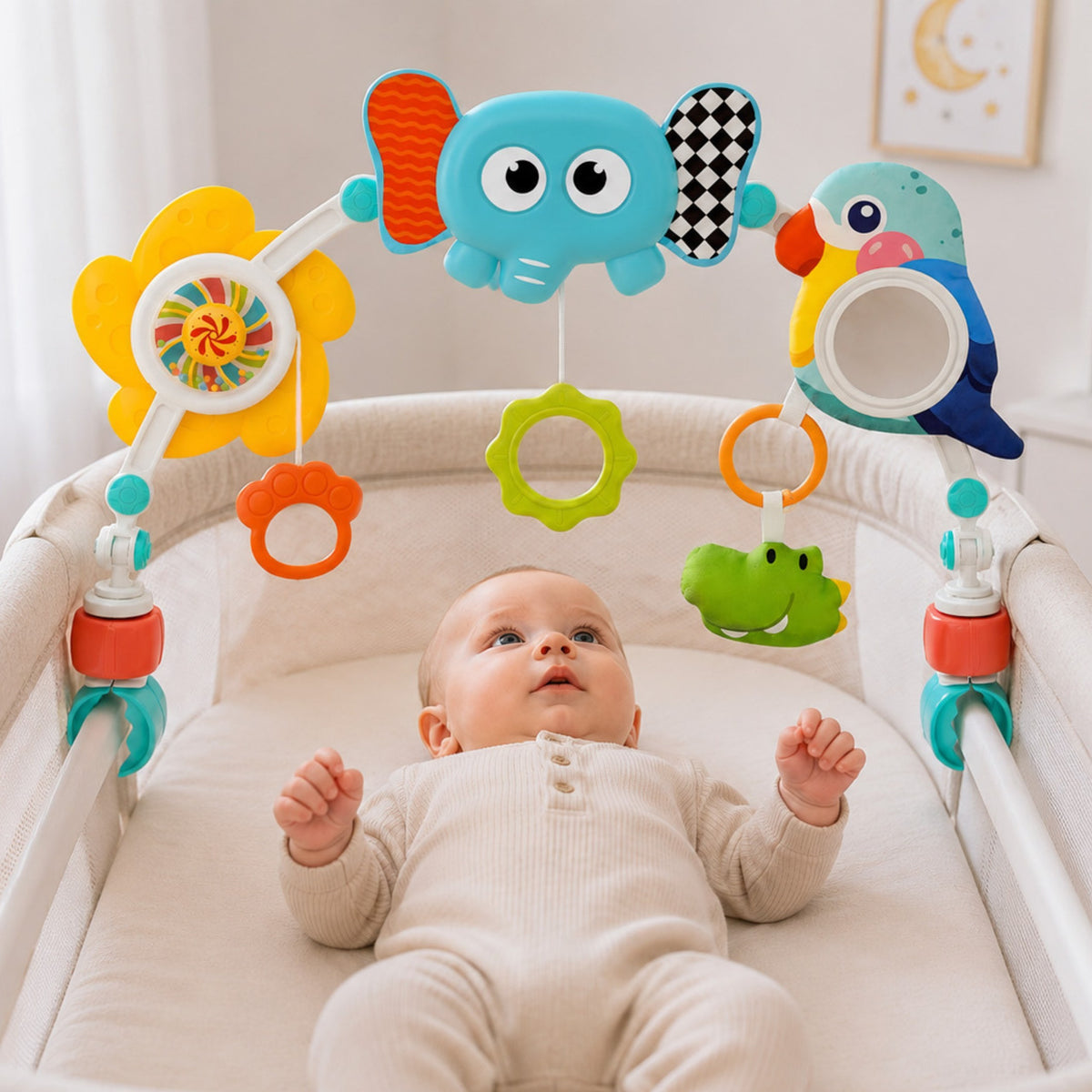 WOOPIE BABY Sensorinis Lankas Lopšiui ir Vežimėliui Dramblys Papūga