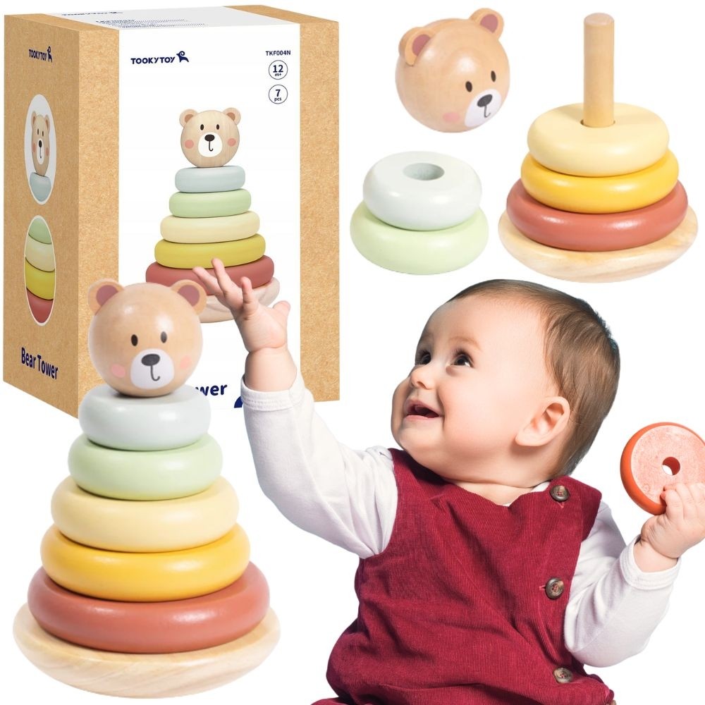 TOOKY TOY Medinė Sensorinė Piramidė su Meškiuku Kūdikiams 12M+
