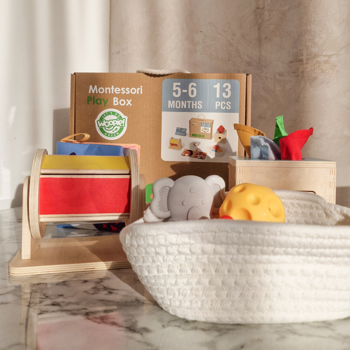WOOPIE GREEN Montessori Lavinamoji Dėžutė 6in1 Kūdikiams 5-6 Mėn. 13 vnt. FSC
