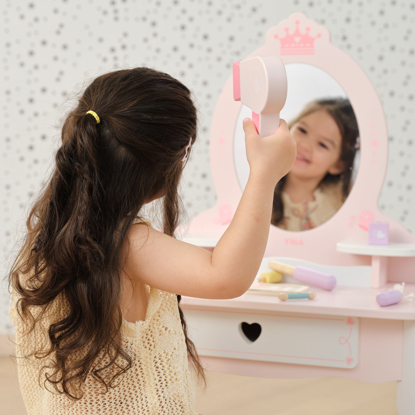 VIGA Didelis medinis kosmetinis staliukas, baltas/rožinis, su šukomis – vaizdas 6