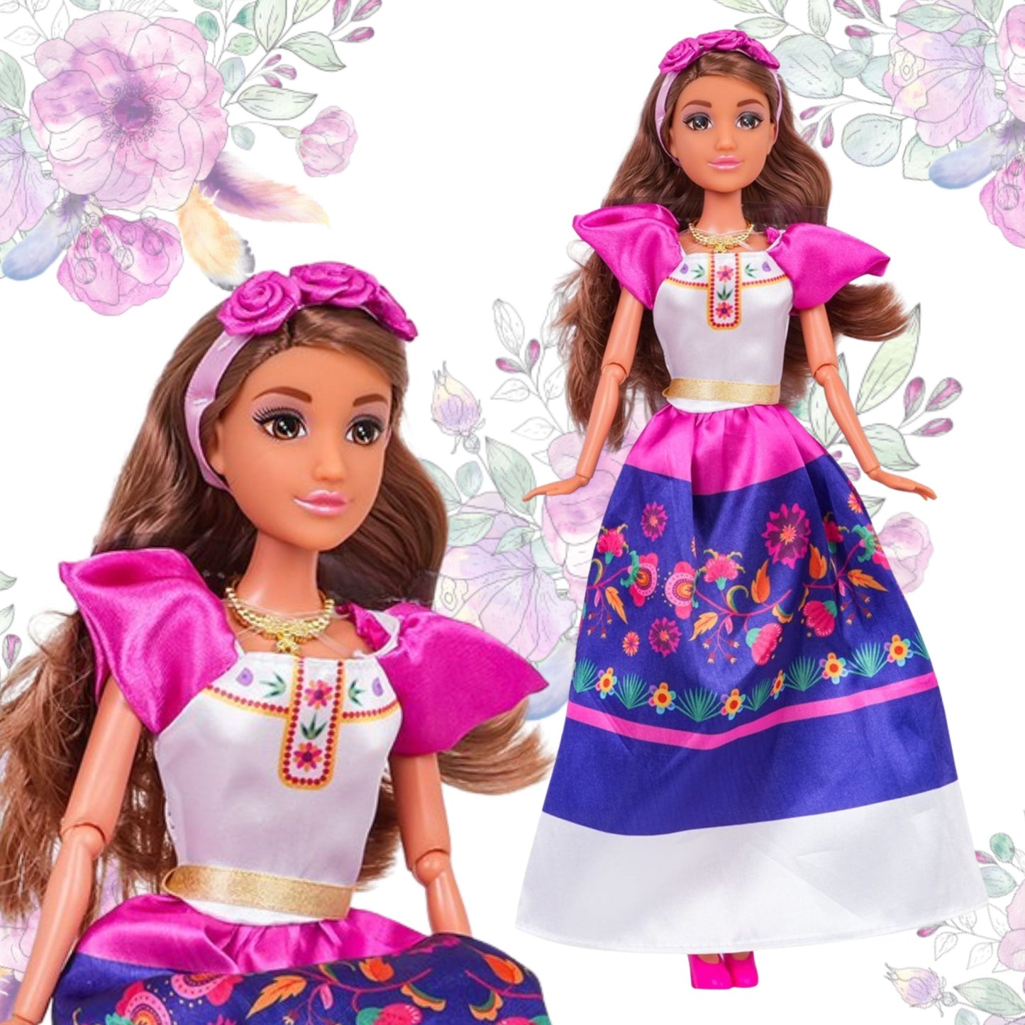 WOOPIE ROYAL „Pasaulio Moterų“ lėlė Lily Meksikietė, tradicinis kostiumas su gėlių raštu – vaizdas 2