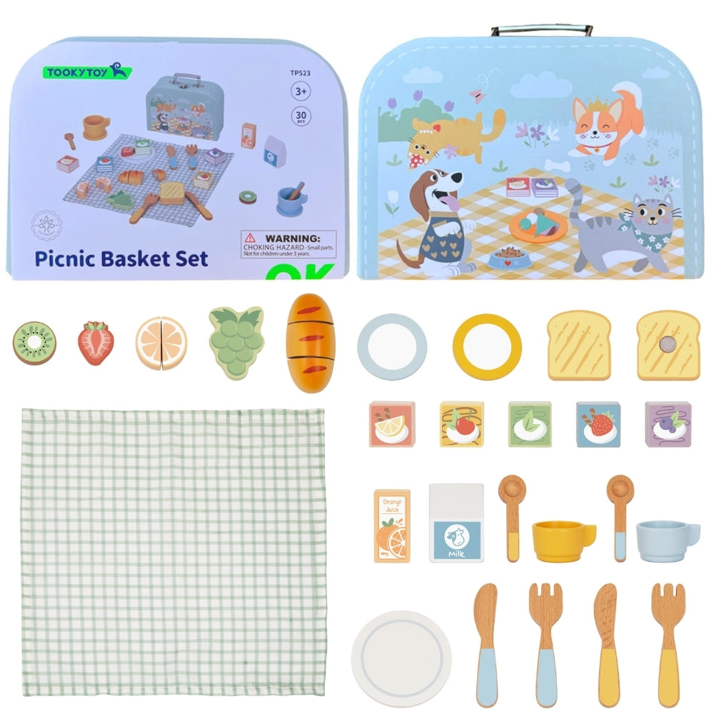 TOOKY TOY Medinis pikniko rinkinys lagamine: pusryčių reikmenys ir vaisiai pjaustymui – vaizdas 5