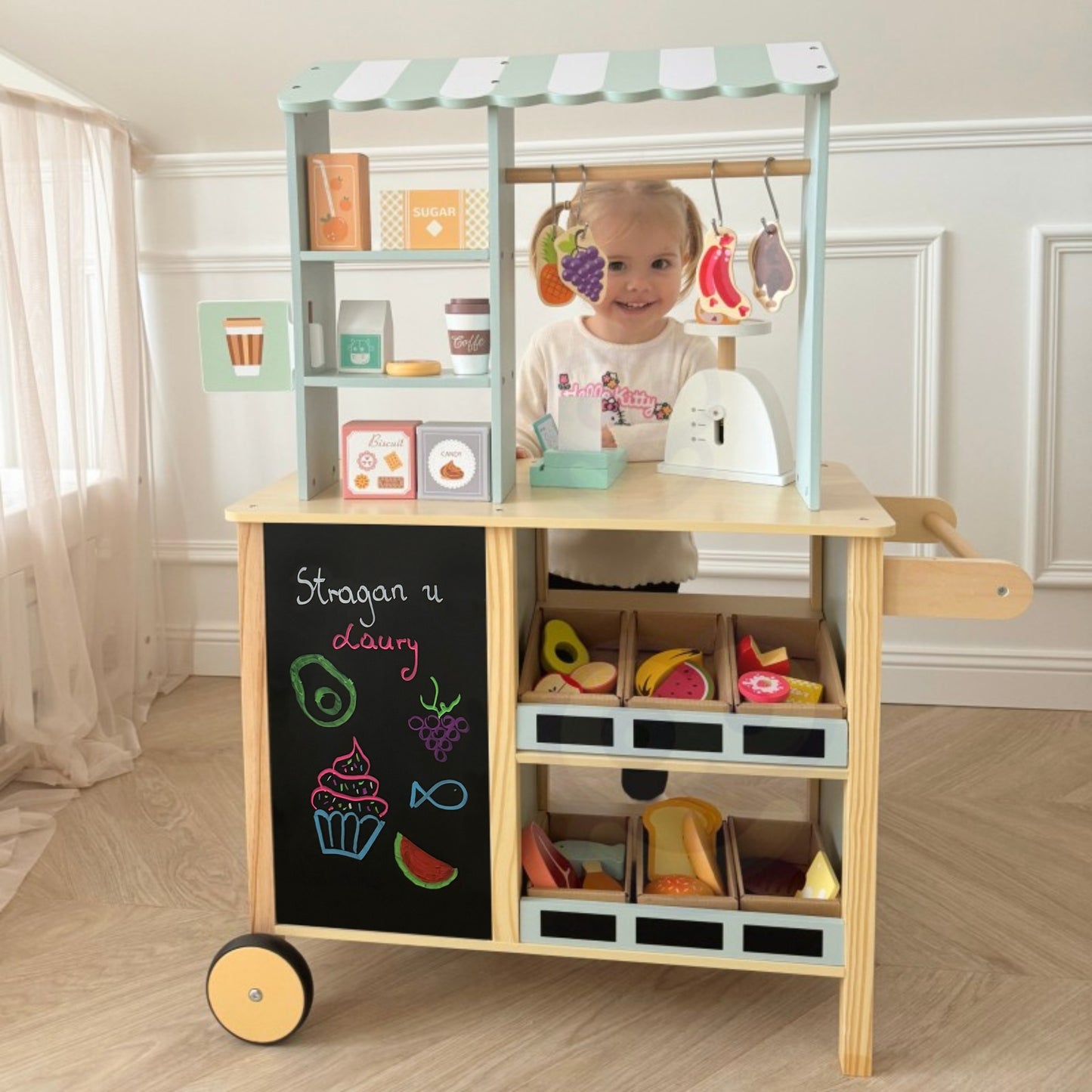 WOOPIE GREEN Didelis medinis daugiafunkcis žaidimų namelis, su priedais – vaizdas 5