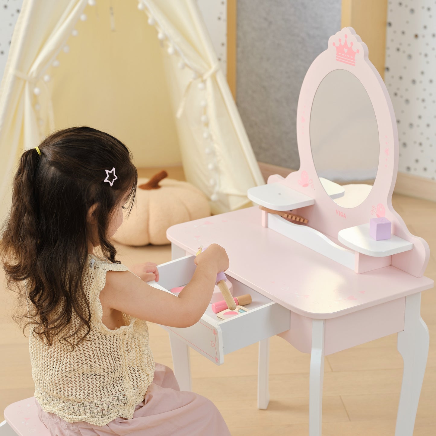 VIGA Didelis medinis kosmetinis staliukas, baltas/rožinis, su veidrodžiu – vaizdas 3