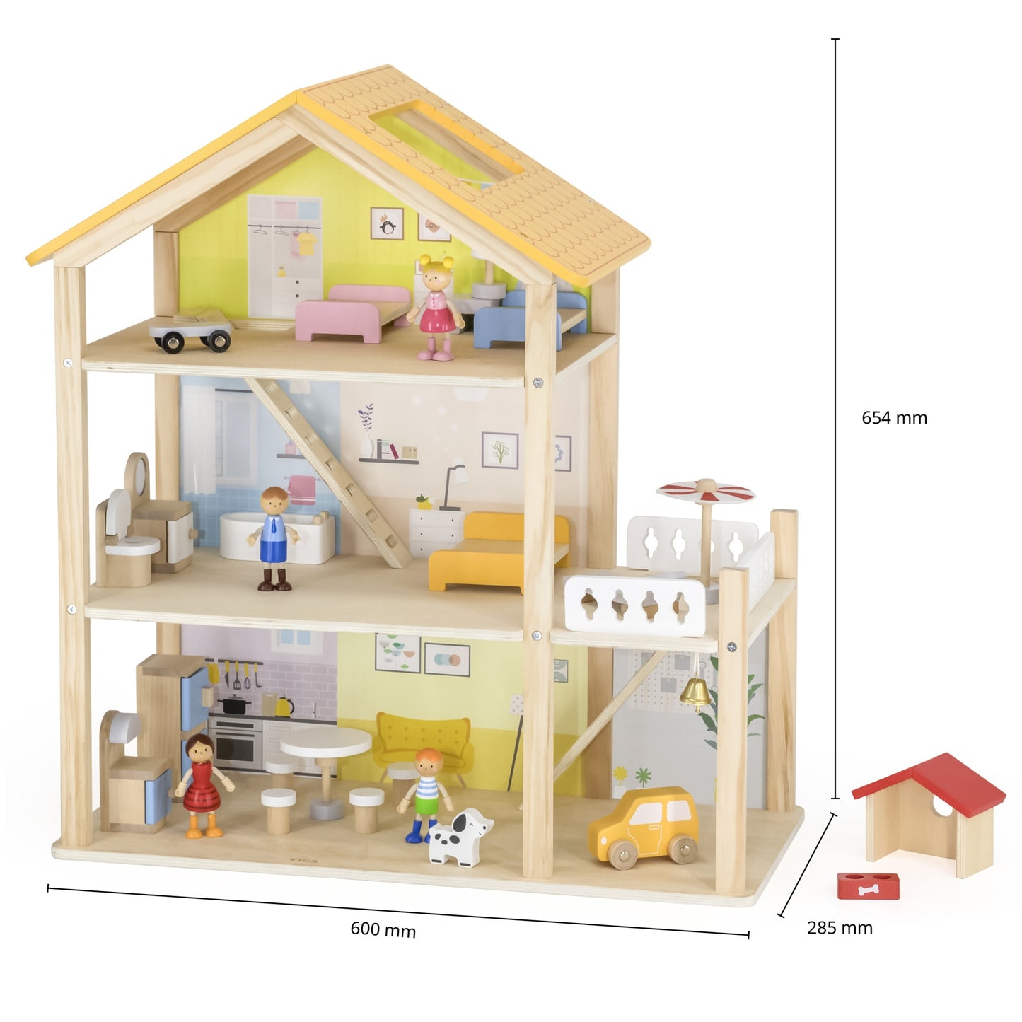 VIGA Medinis lėlių namelis rinkinys su lėlytėmis ir priedais