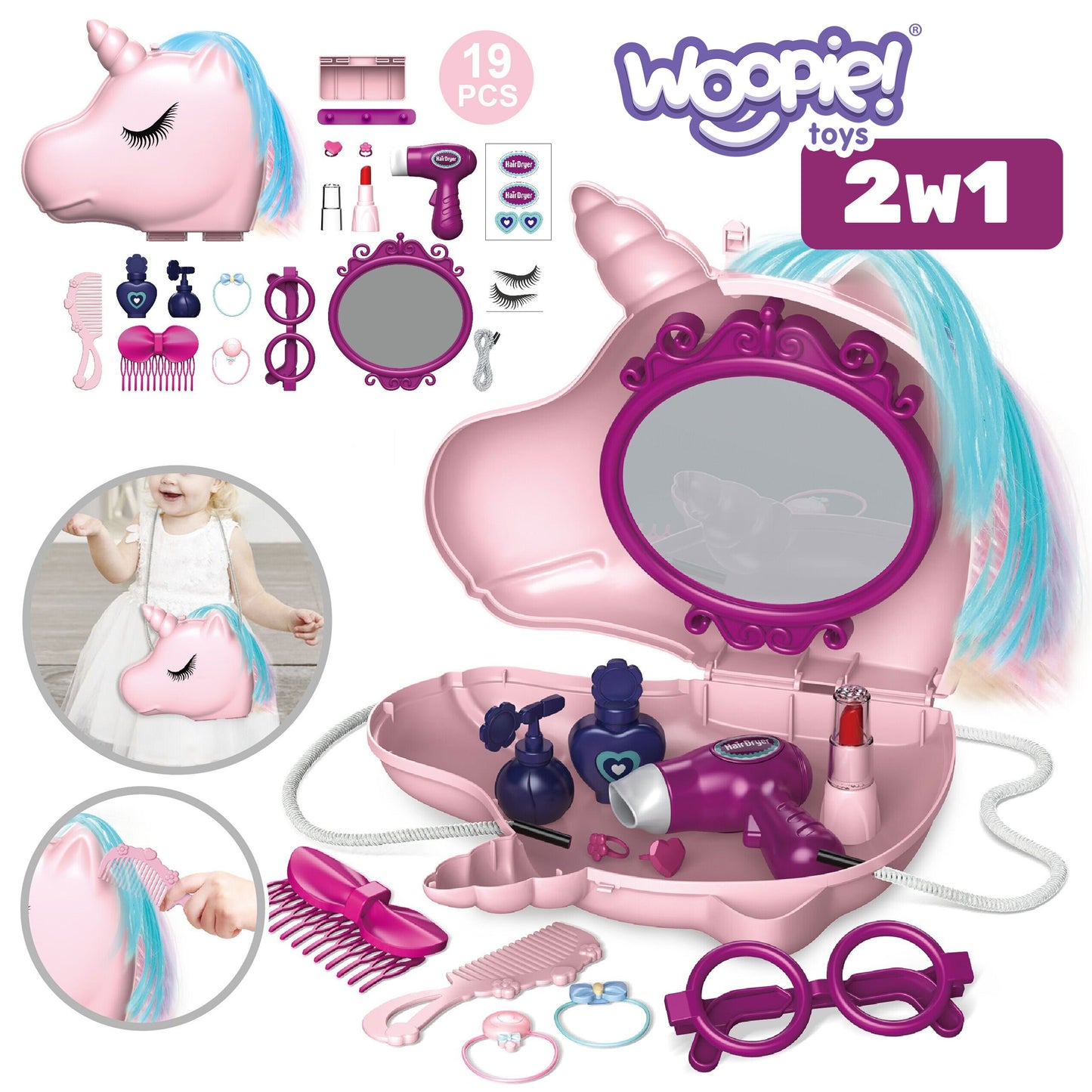 WOOPIE Tualetinis staliukas mergaitėms 2in1 Grožio salonas rankinėje „Vienaragis“, aksesuarai – vaizdas 3