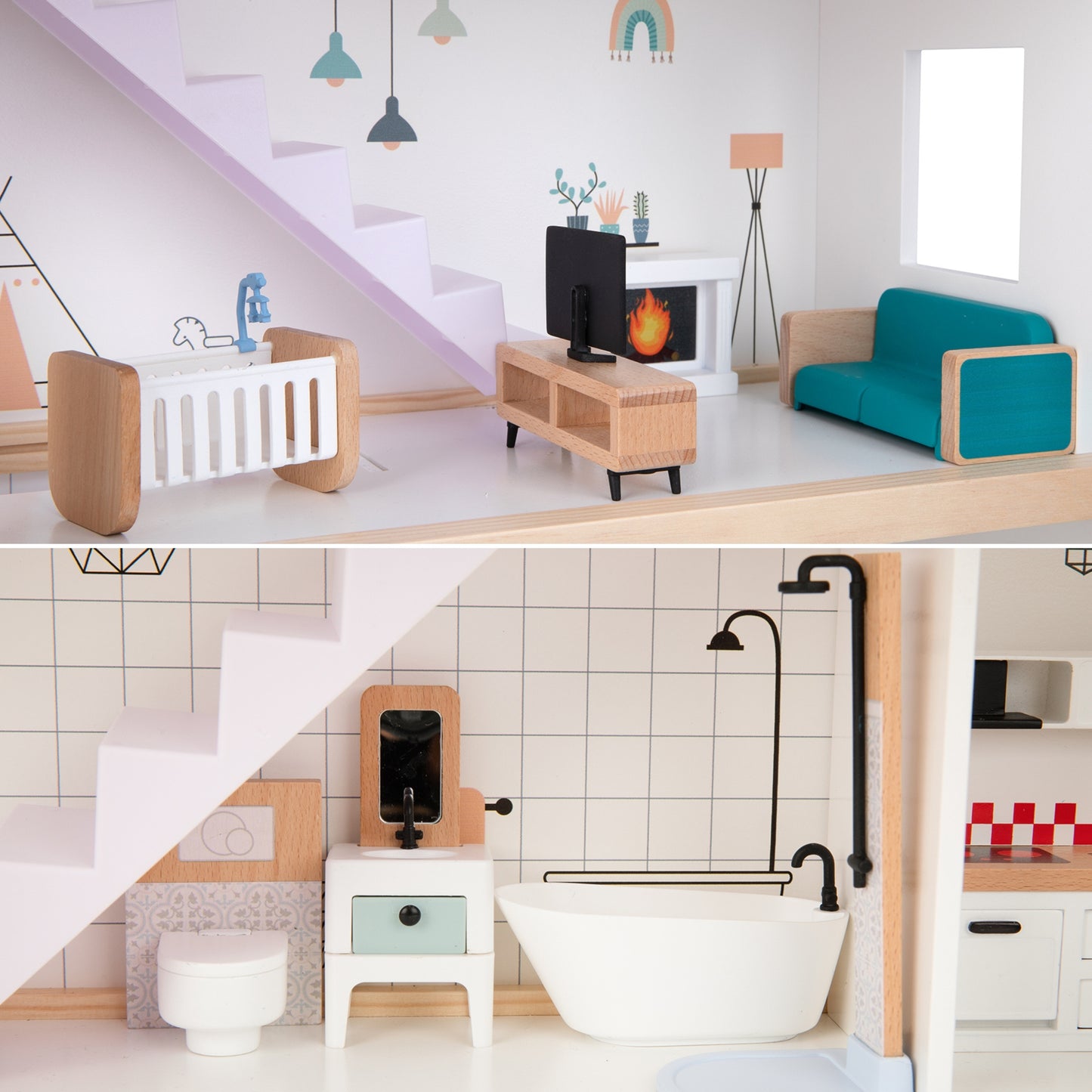 TOOKY TOY Didelis medinis lėlių namelis su figūrėlėmis, FSC – vaizdas 7