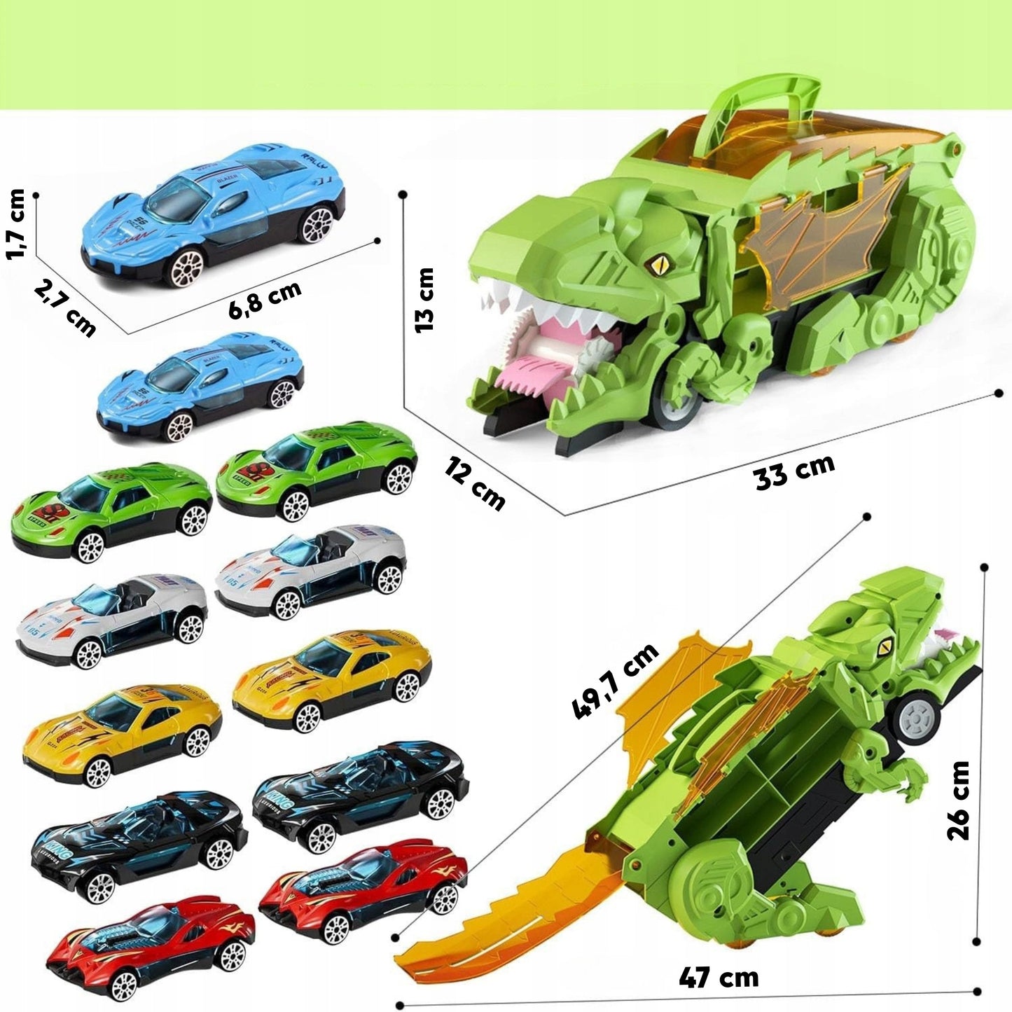 WOOPIE Dinozauro Mašinų Rinkinys su Trasa ir 12 Mašinėlių – 13 dalių