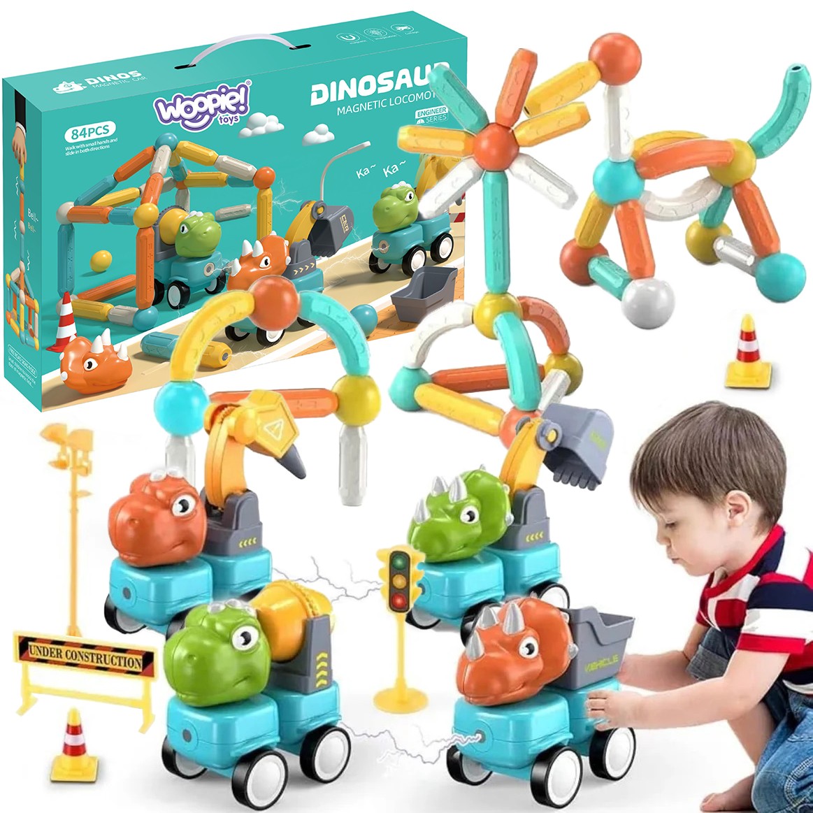 WOOPIE Magnetiniai Blokeliai su Dinozaurais 84 vnt. Konstruktorius