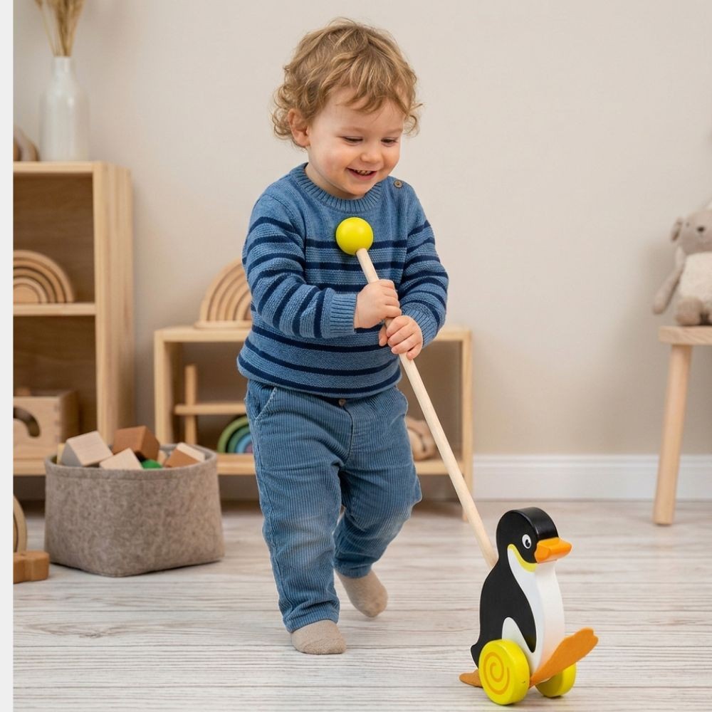 Viga Toys Medinis Stumdukas Pingvinas ant Lazdelės Vaikams