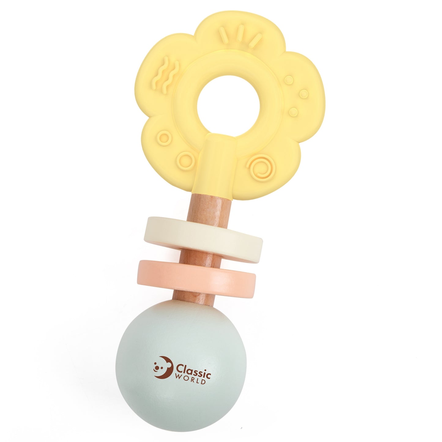 CLASSIC WORLD Medinė pastelinė barškutis-kramtukas 2in1 „Gėlė“ 0+ – vaizdas 3