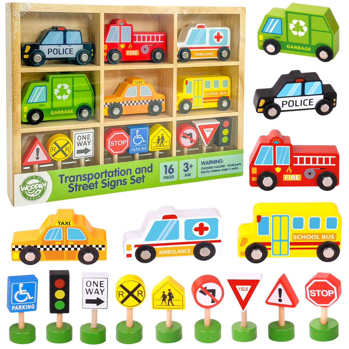 WOOPIE GREEN Medinių Automobilių ir Kelio Ženklų Rinkinys 15 vnt.