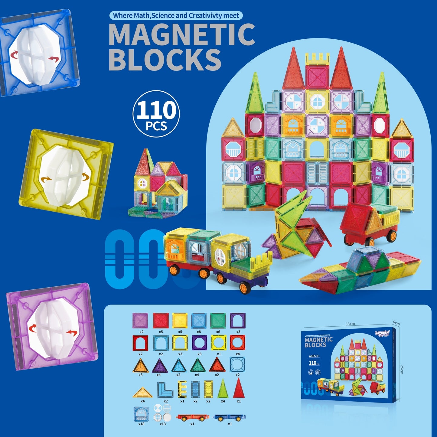 WOOPIE Magnetiniai 3D Blokai Pilis ir Transporto Priemonės 110 vnt.