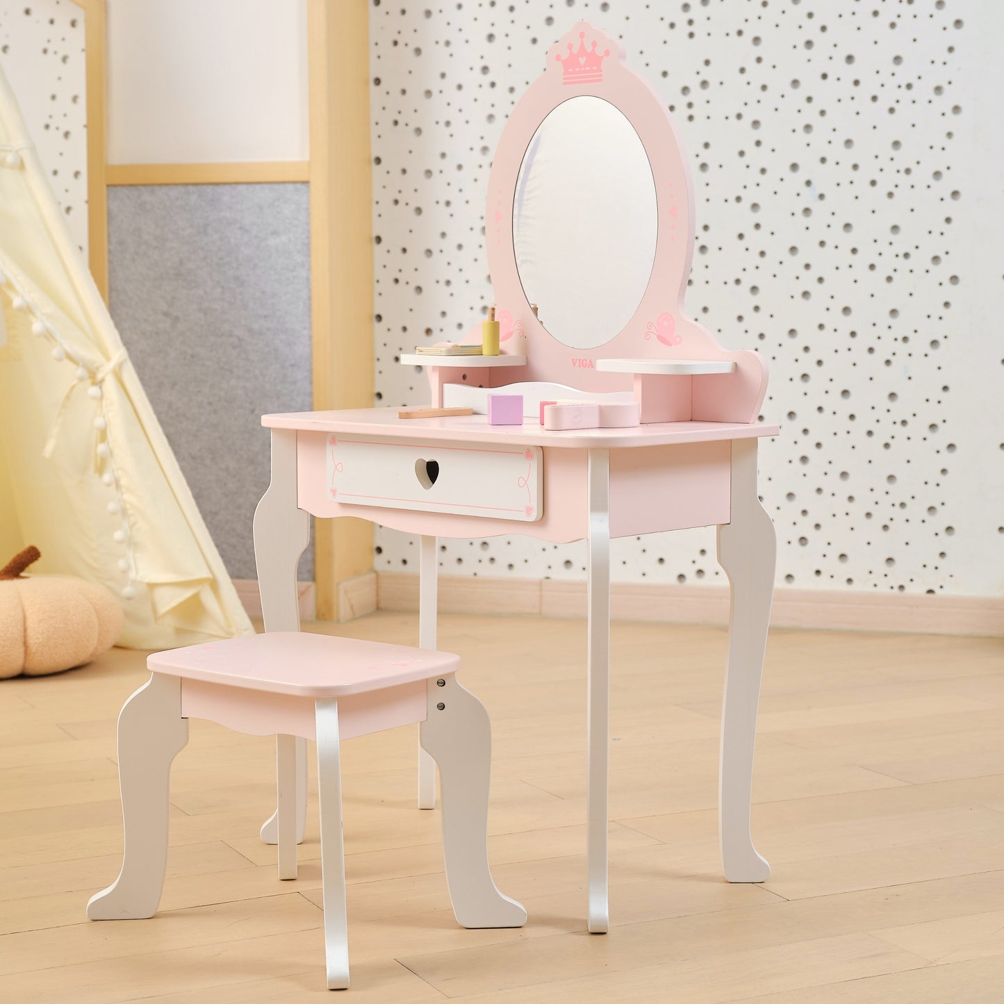 VIGA Didelis medinis kosmetinis staliukas, baltas/rožinis, su priedais – vaizdas 2