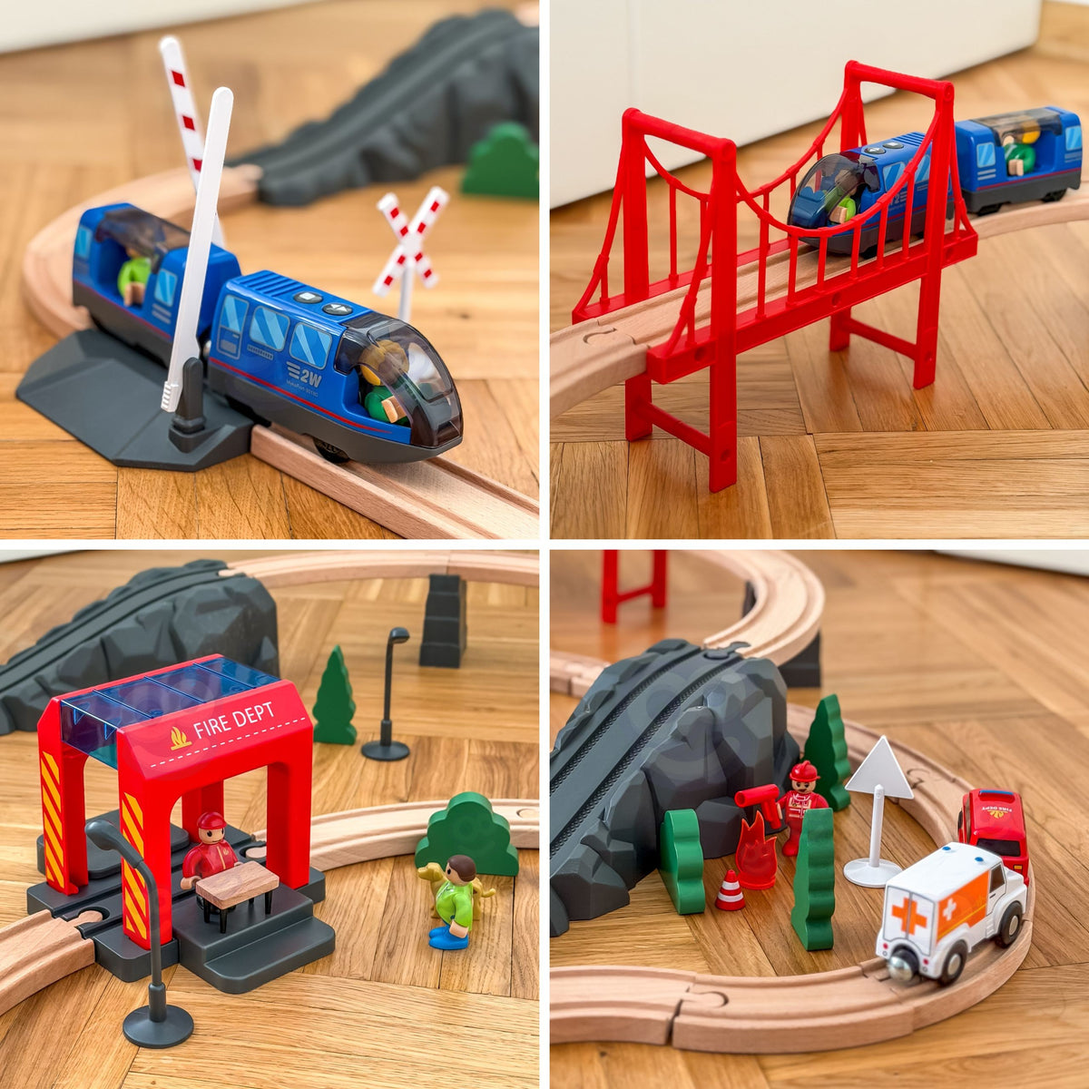 Tooky Toy Elektrinis medinis traukinys su ugniagesių tema, 70 dalių